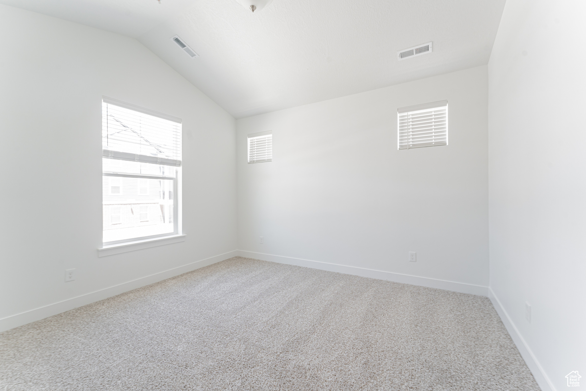 Empty room with lofted ceiling, carpet flooring, and a wealth of natural light