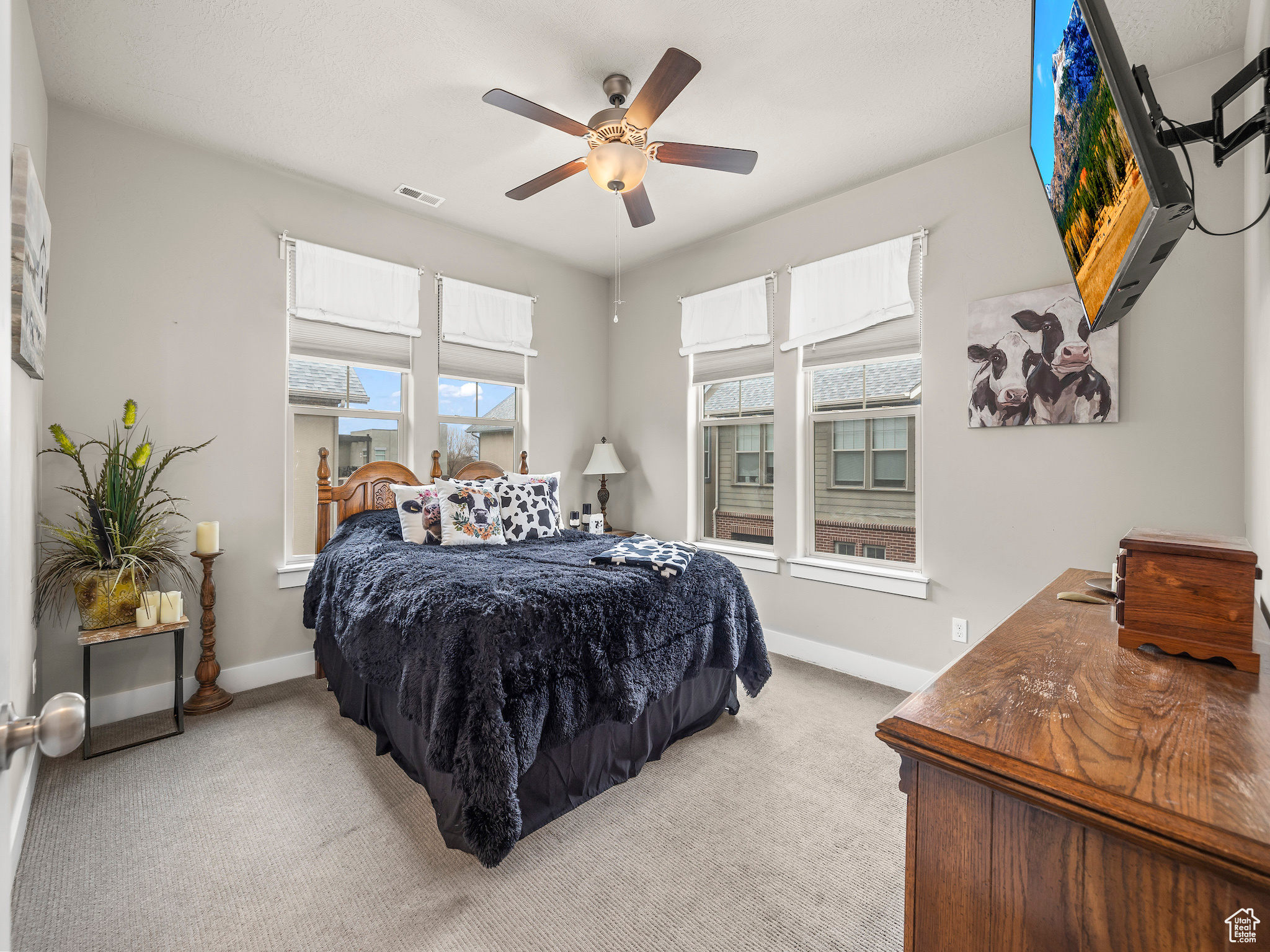 Master Bedroom, carpeted bedroom featuring ceiling fan.