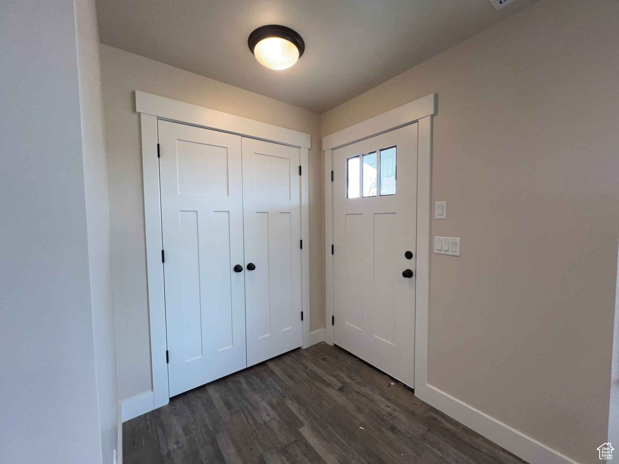 Foyer with dark hardwood / wood-style flooring