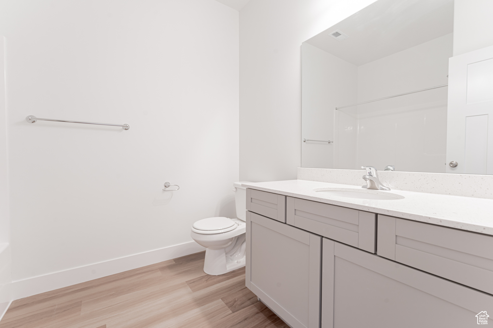 Bathroom featuring toilet, vanity, and wood-type flooring