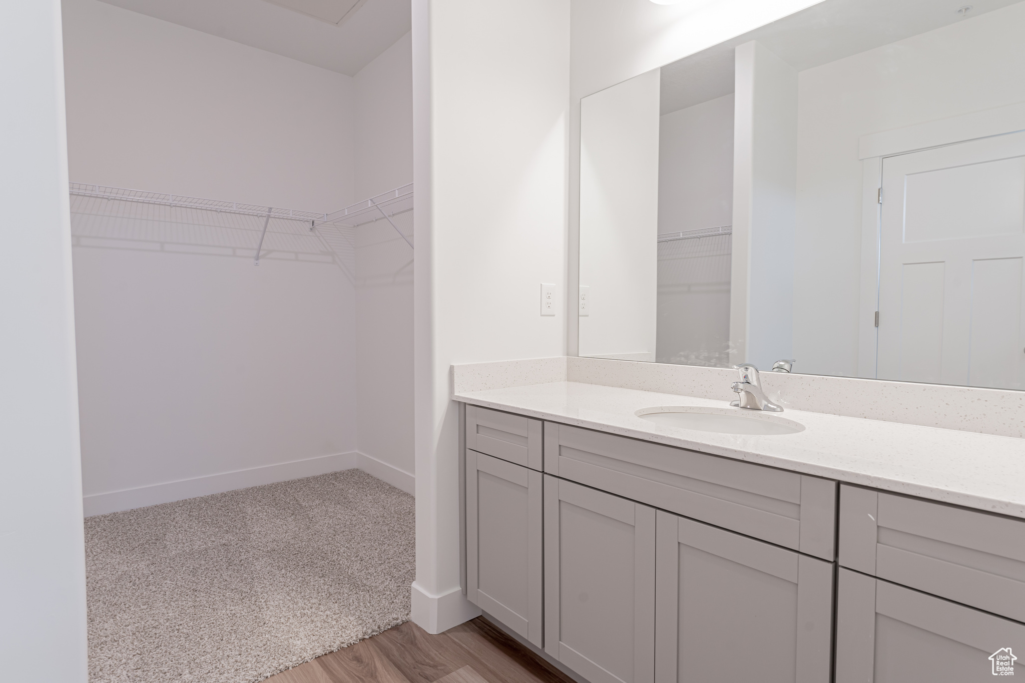 Bathroom featuring wood-type flooring and vanity