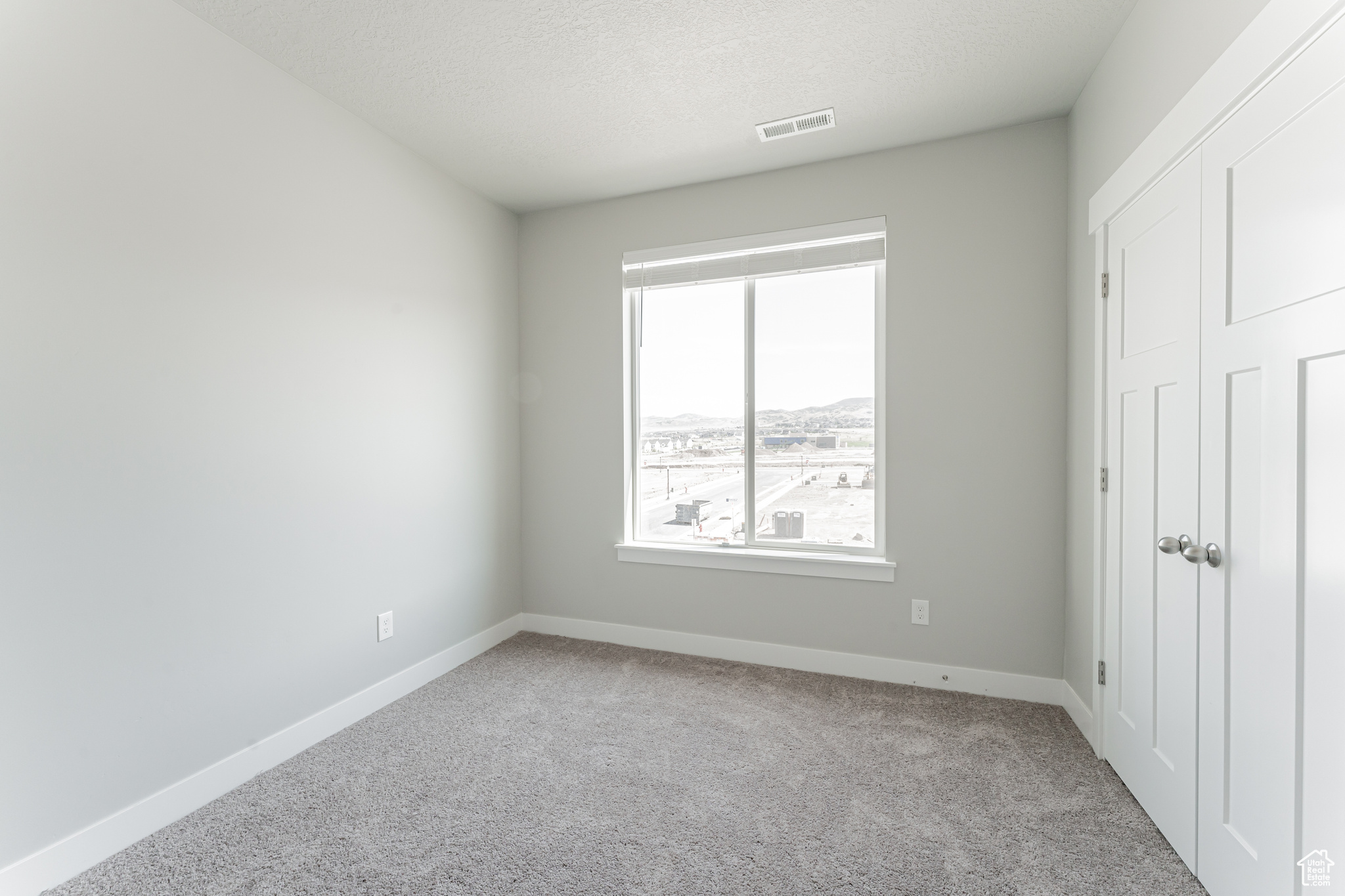 Unfurnished bedroom with light carpet and a textured ceiling