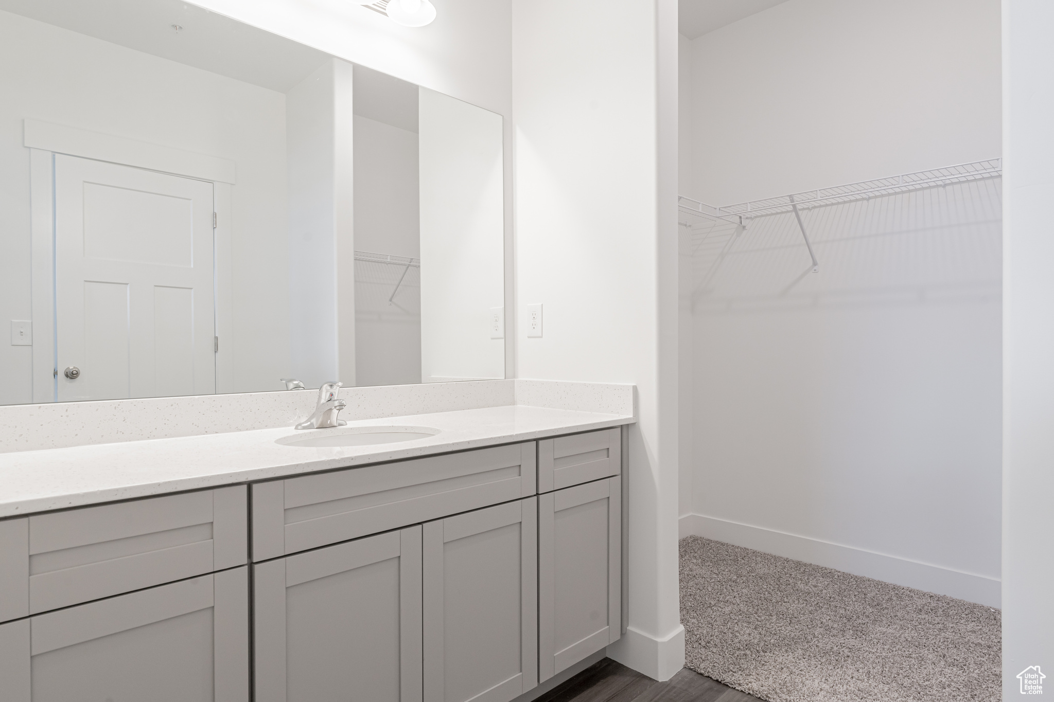 Bathroom featuring vanity and wood-type flooring