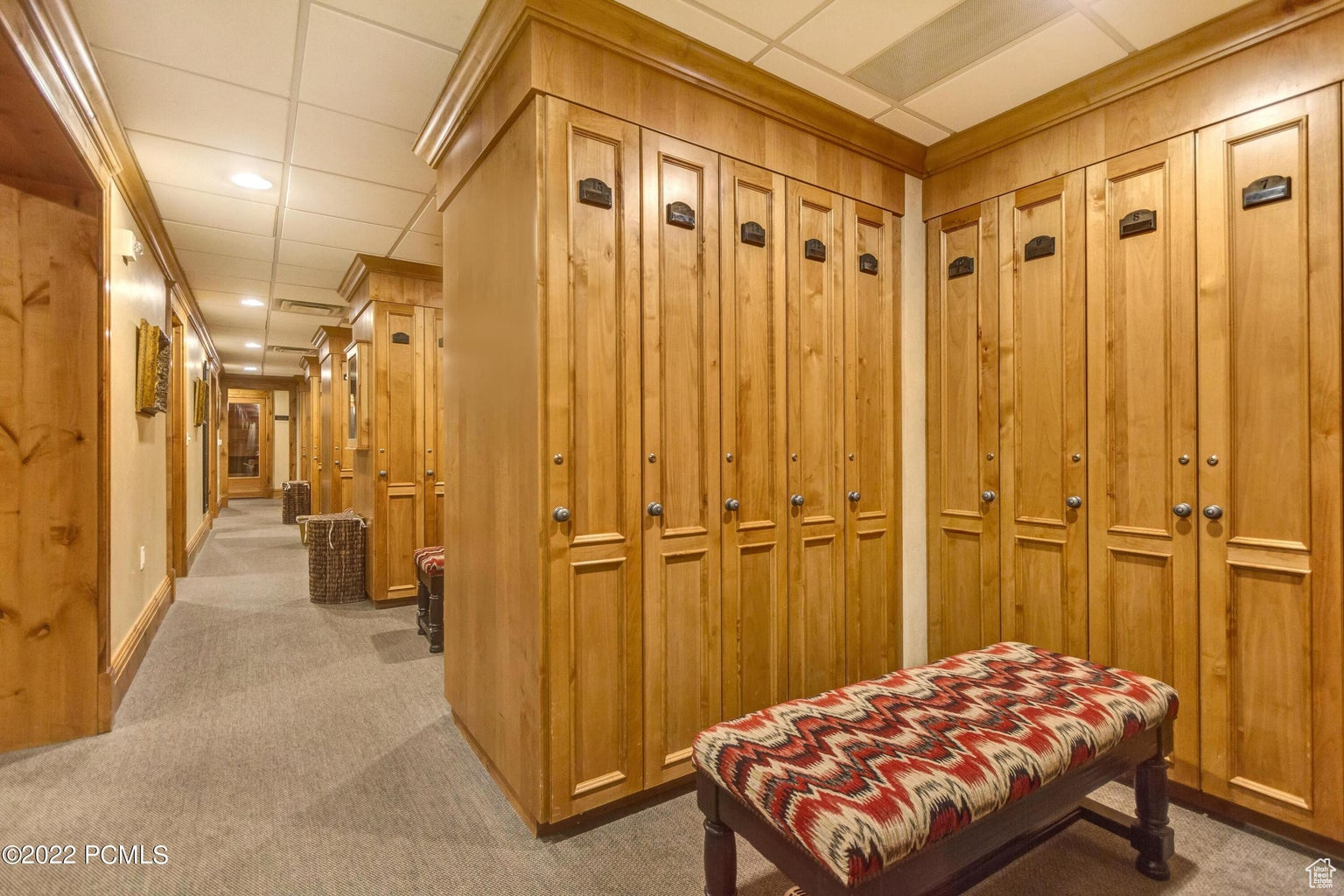 Interior space with wooden walls, a drop ceiling, and carpet