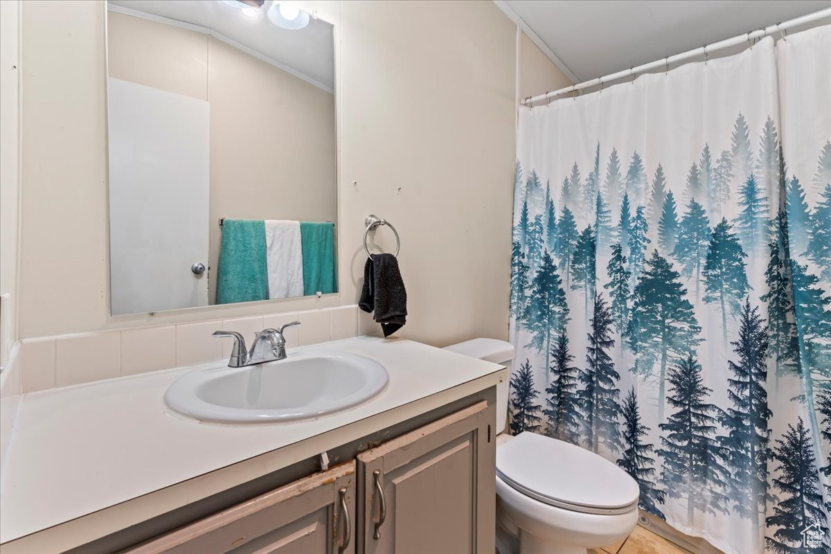 Bathroom featuring large vanity and toilet