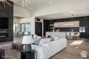 Living room featuring an inviting chandelier, wood-type flooring, and a fireplace