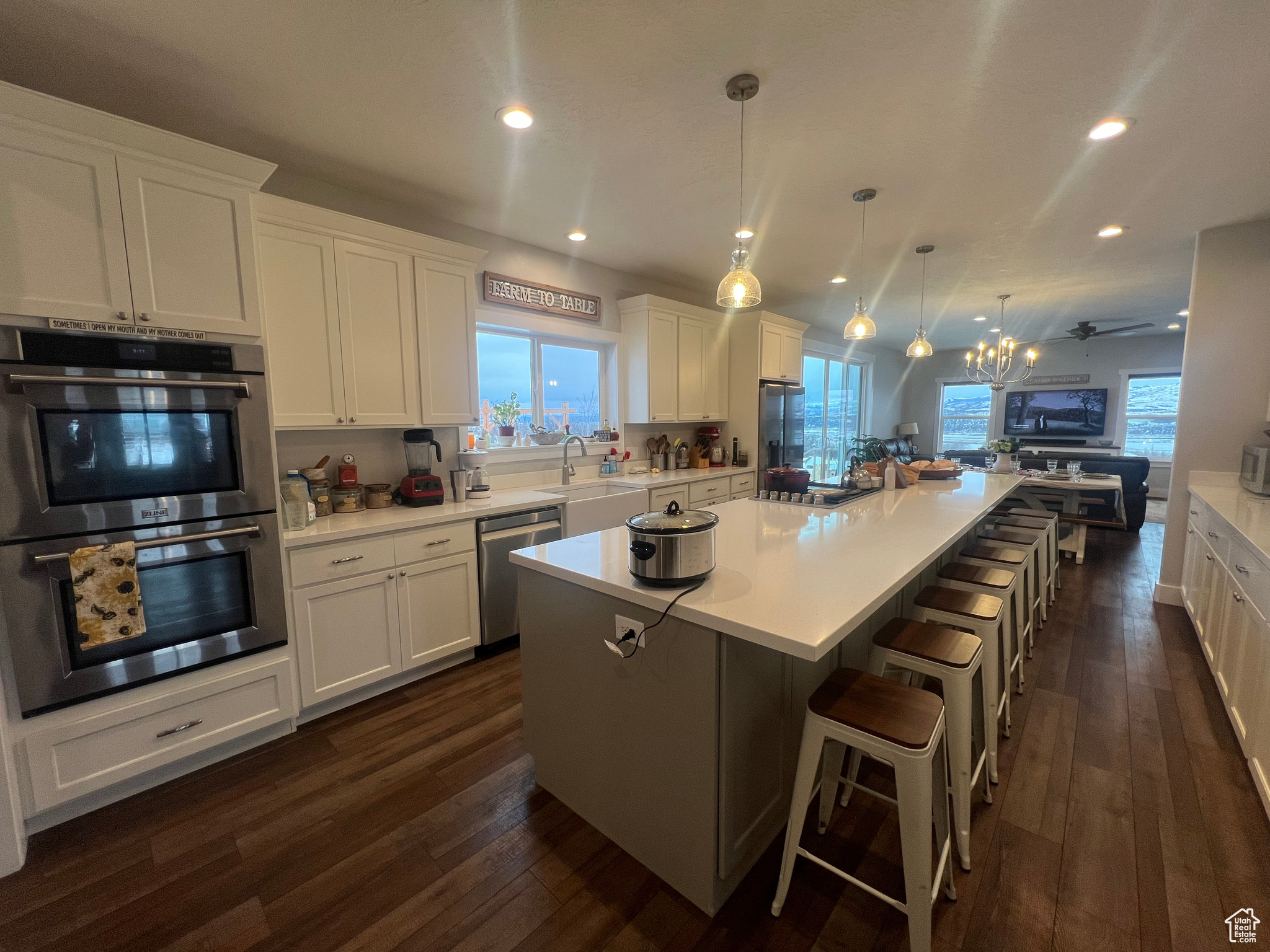 Kitchen featuring a kitchen island, plenty of natural light, dark hardwood / wood-style flooring, and stainless steel appliances