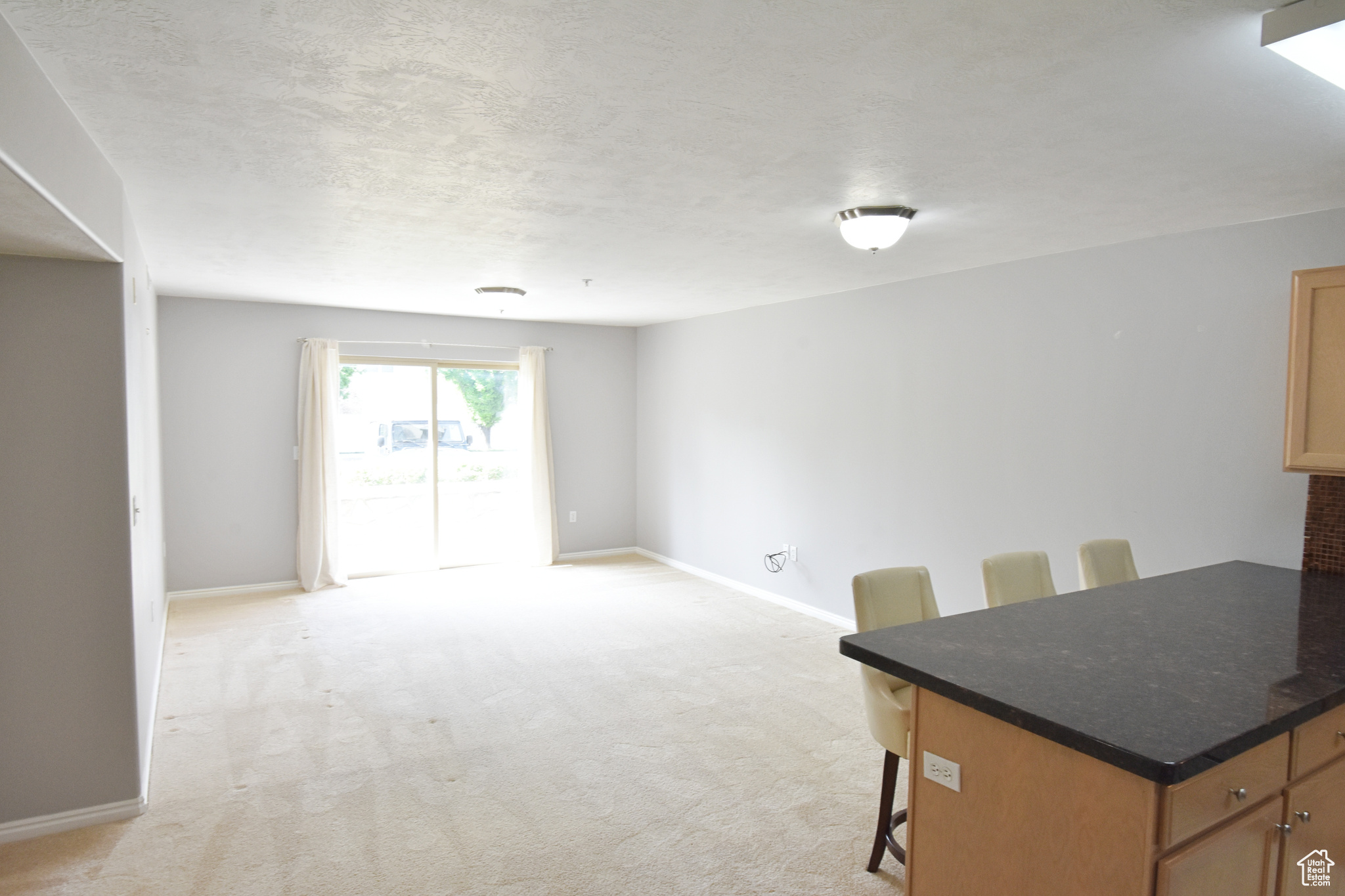 Interior space featuring a textured ceiling and light carpet