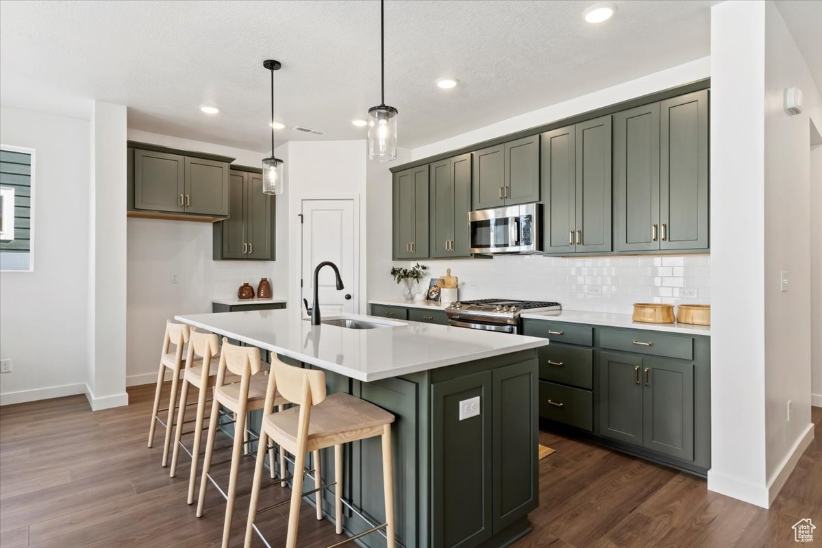 Kitchen with dark hardwood / wood-style flooring, an island with sink, sink, and stainless steel appliances