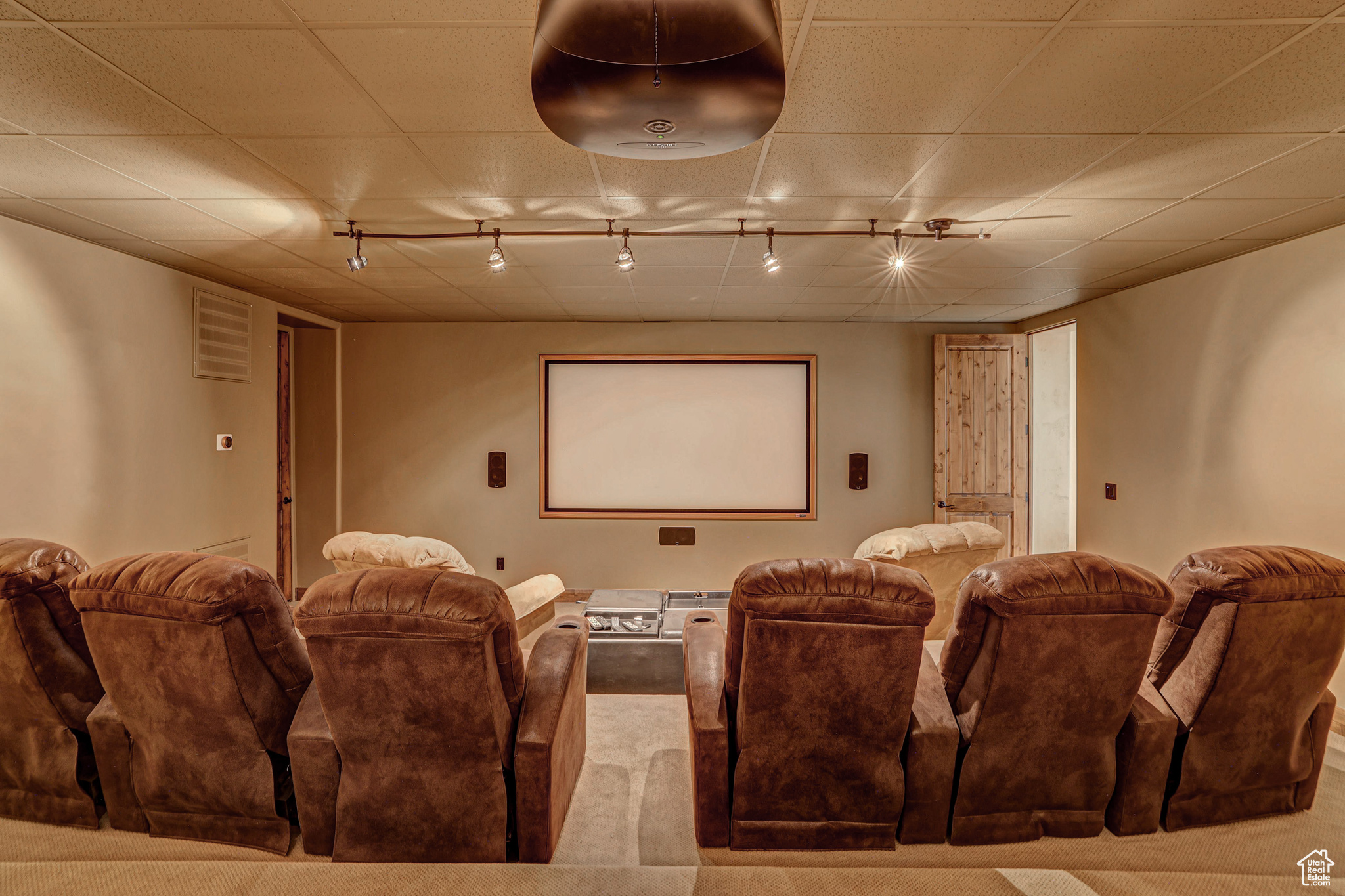 Carpeted home theater with track lighting