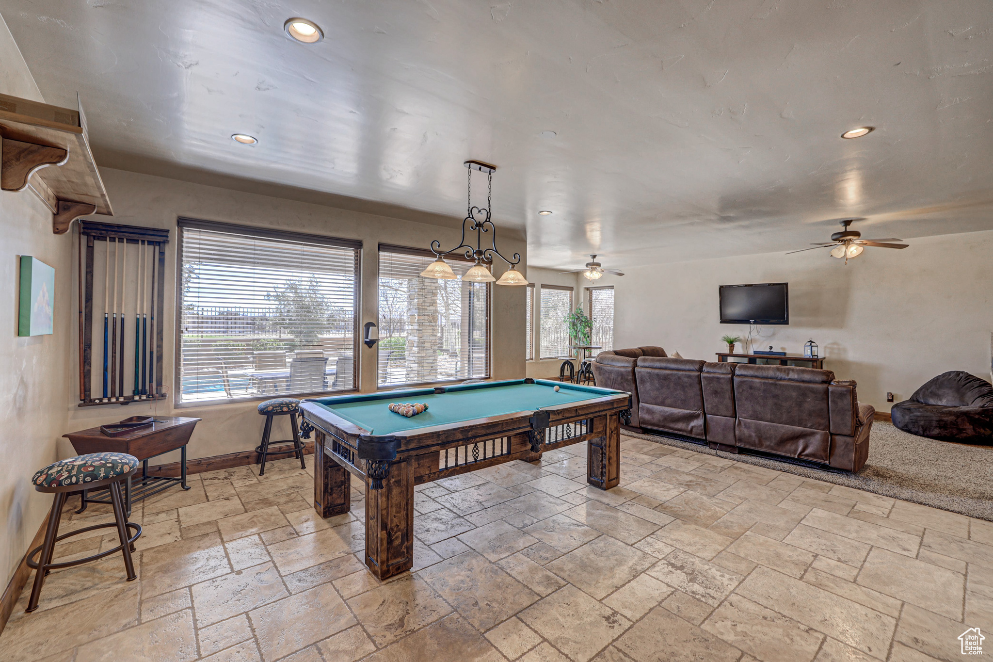 Playroom featuring pool table, ceiling fan, and light tile floors