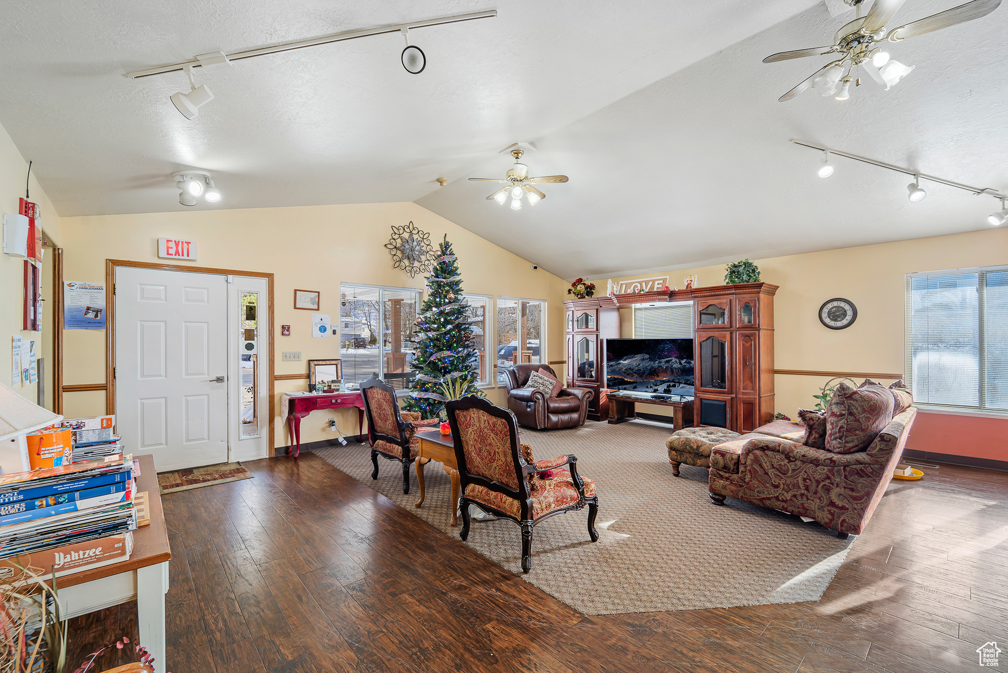 Living room with rail lighting, vaulted ceiling, dark hardwood / wood-style flooring, and ceiling fan