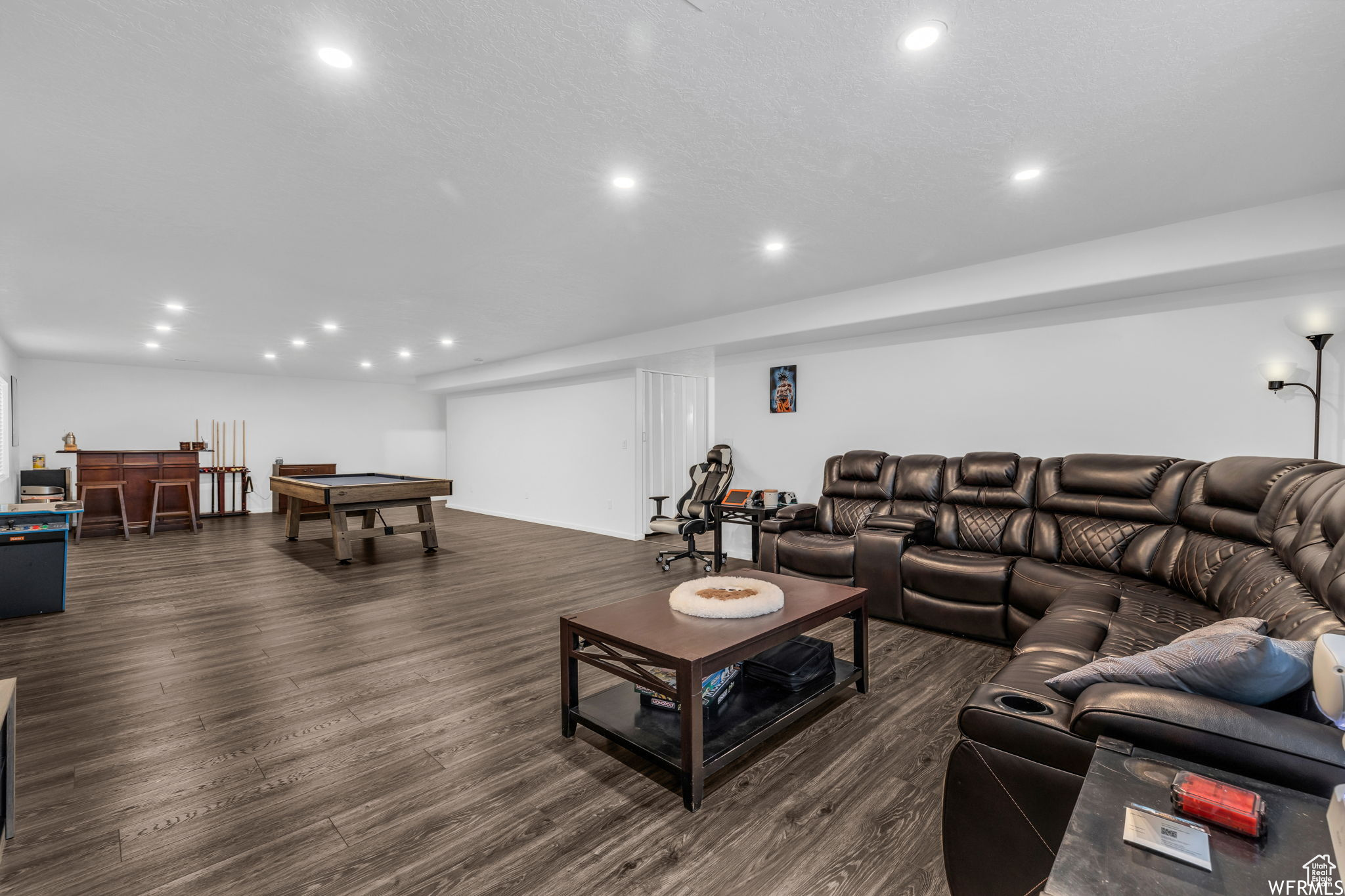 Living room featuring dark hardwood / wood-style floors and billiards