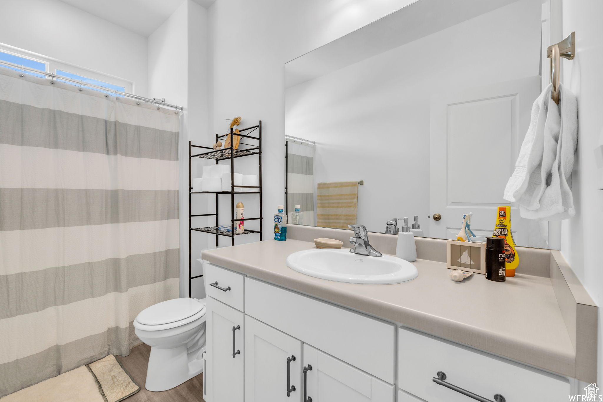 Bathroom with hardwood / wood-style floors, vanity, and toilet