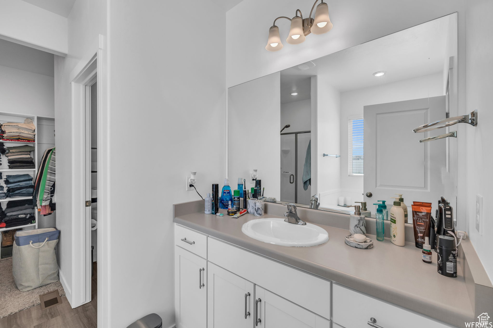 Bathroom with vanity and hardwood / wood-style flooring