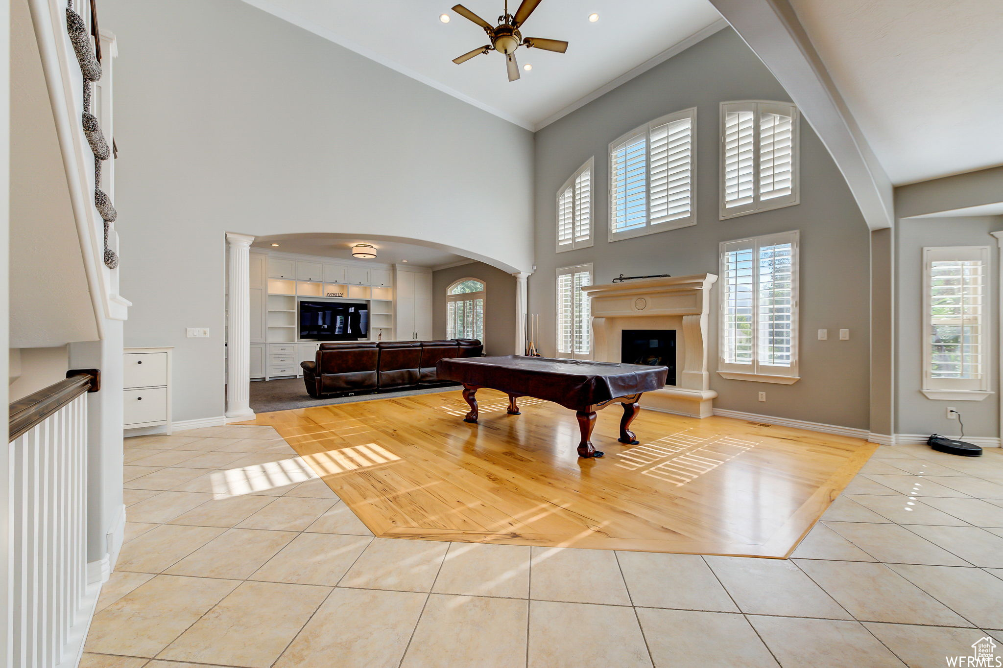 Playroom featuring pool table, high vaulted ceiling, ceiling fan, and light tile floors