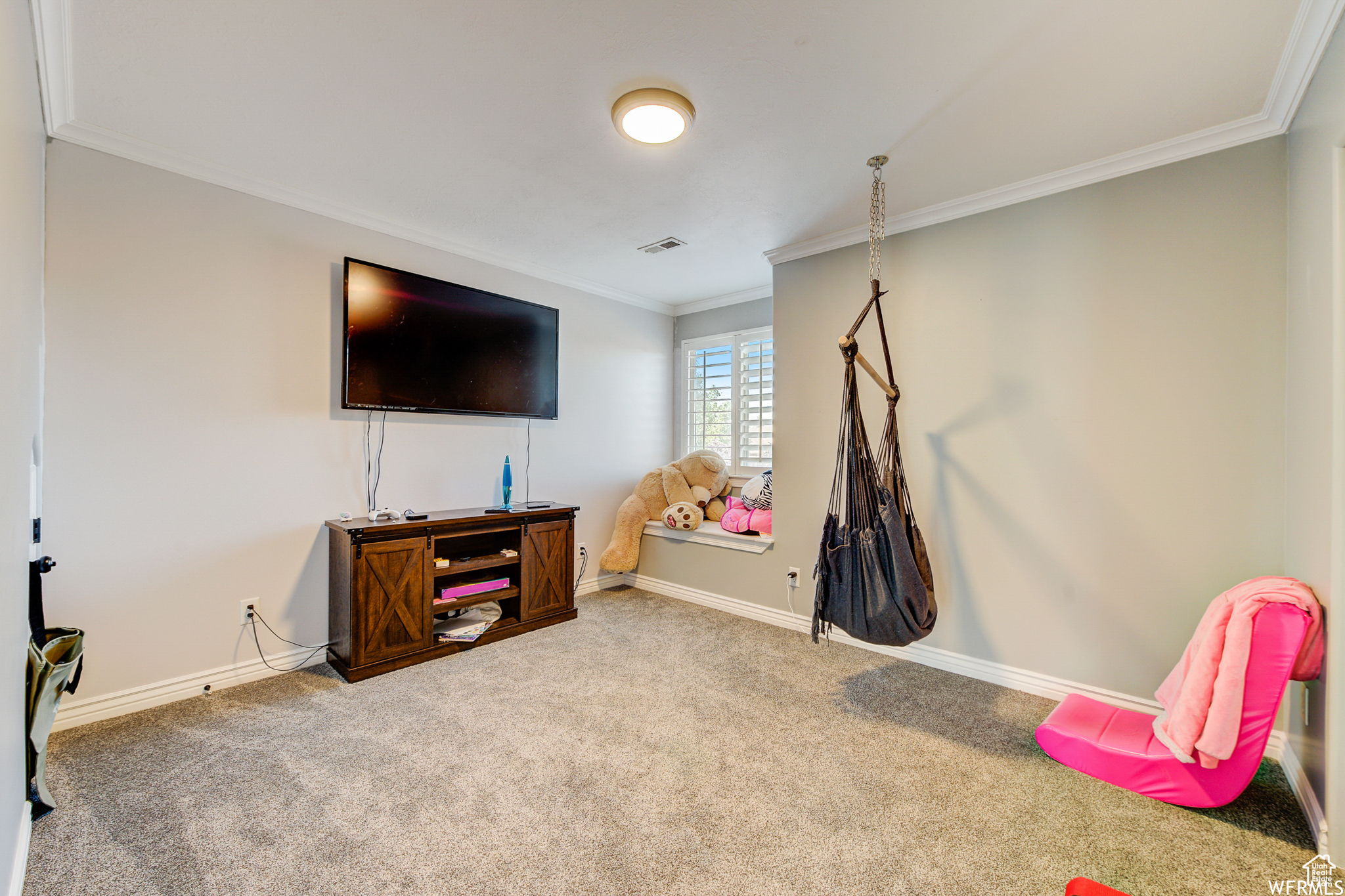 Recreation room with crown molding and carpet