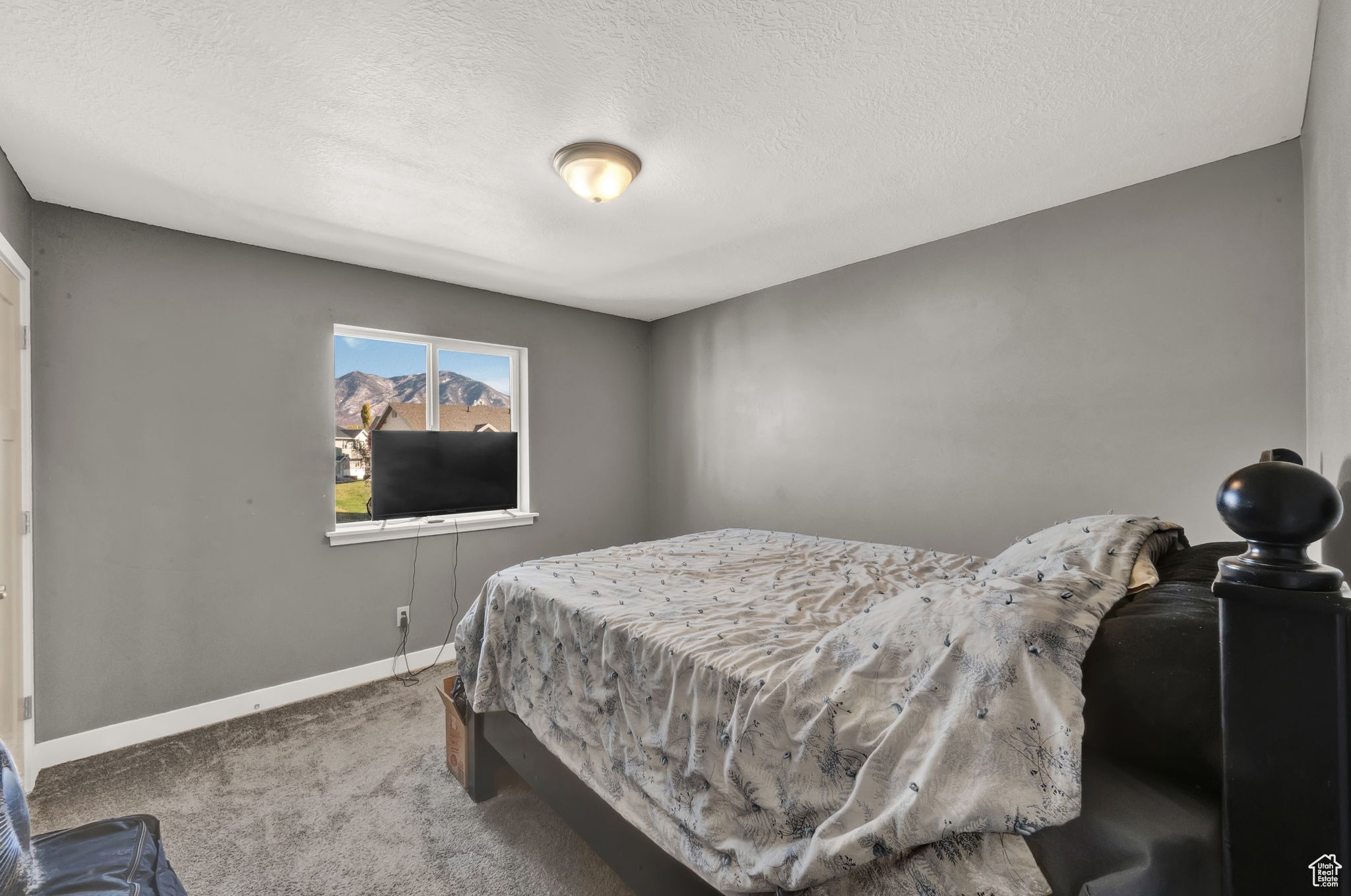 Carpeted bedroom with a textured ceiling