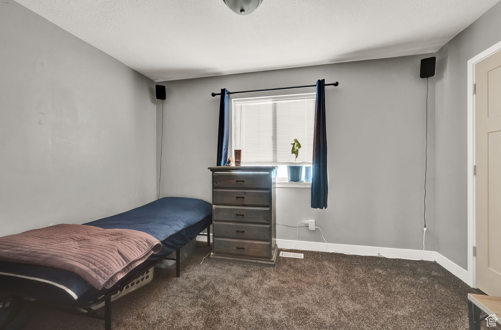 Bedroom with dark colored carpet