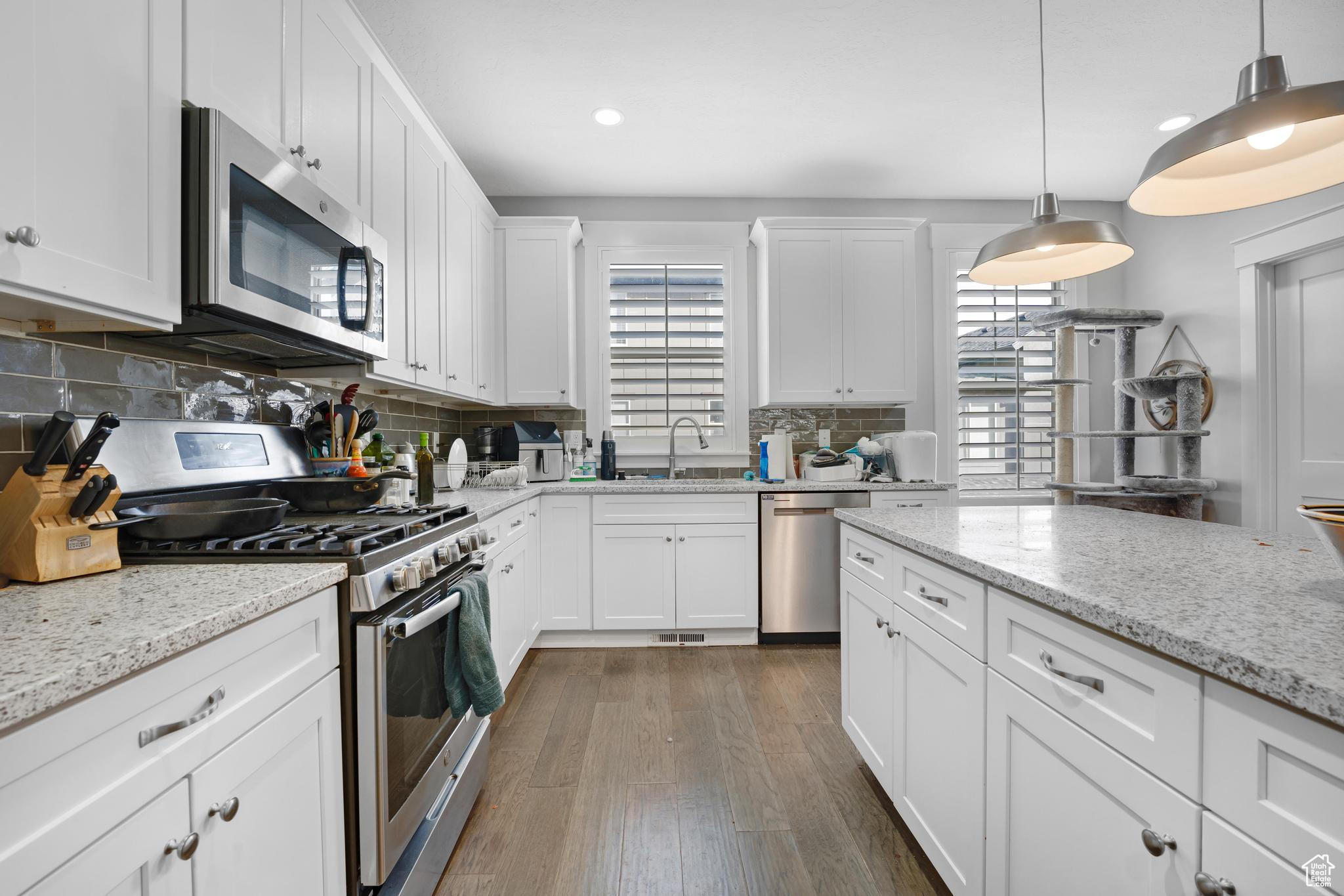 Kitchen with tasteful backsplash, dark hardwood / wood-style flooring, stainless steel appliances, and pendant lighting