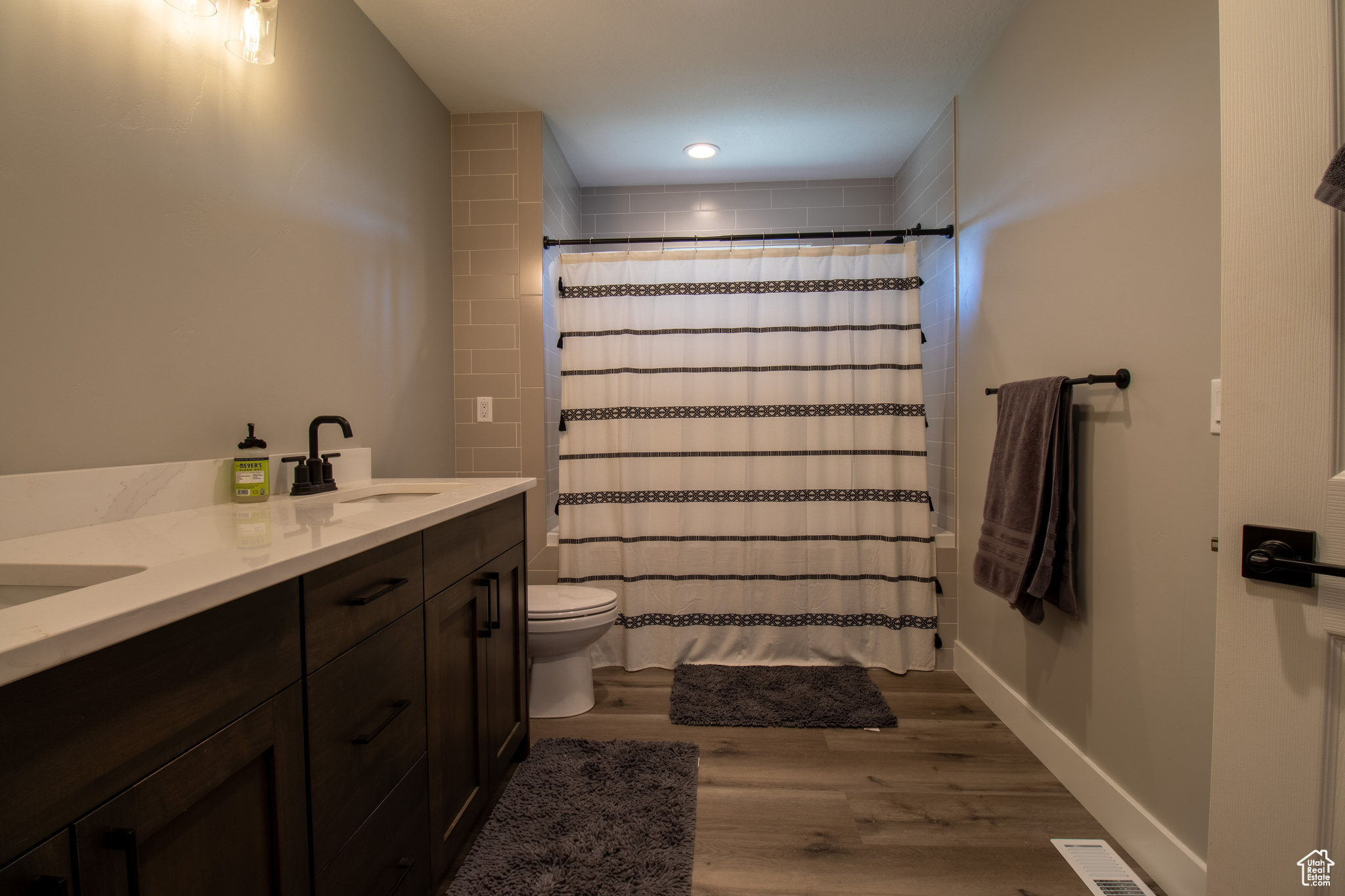 Master bathroom with hardwood / wood-style floors, dual vanity, and toilet