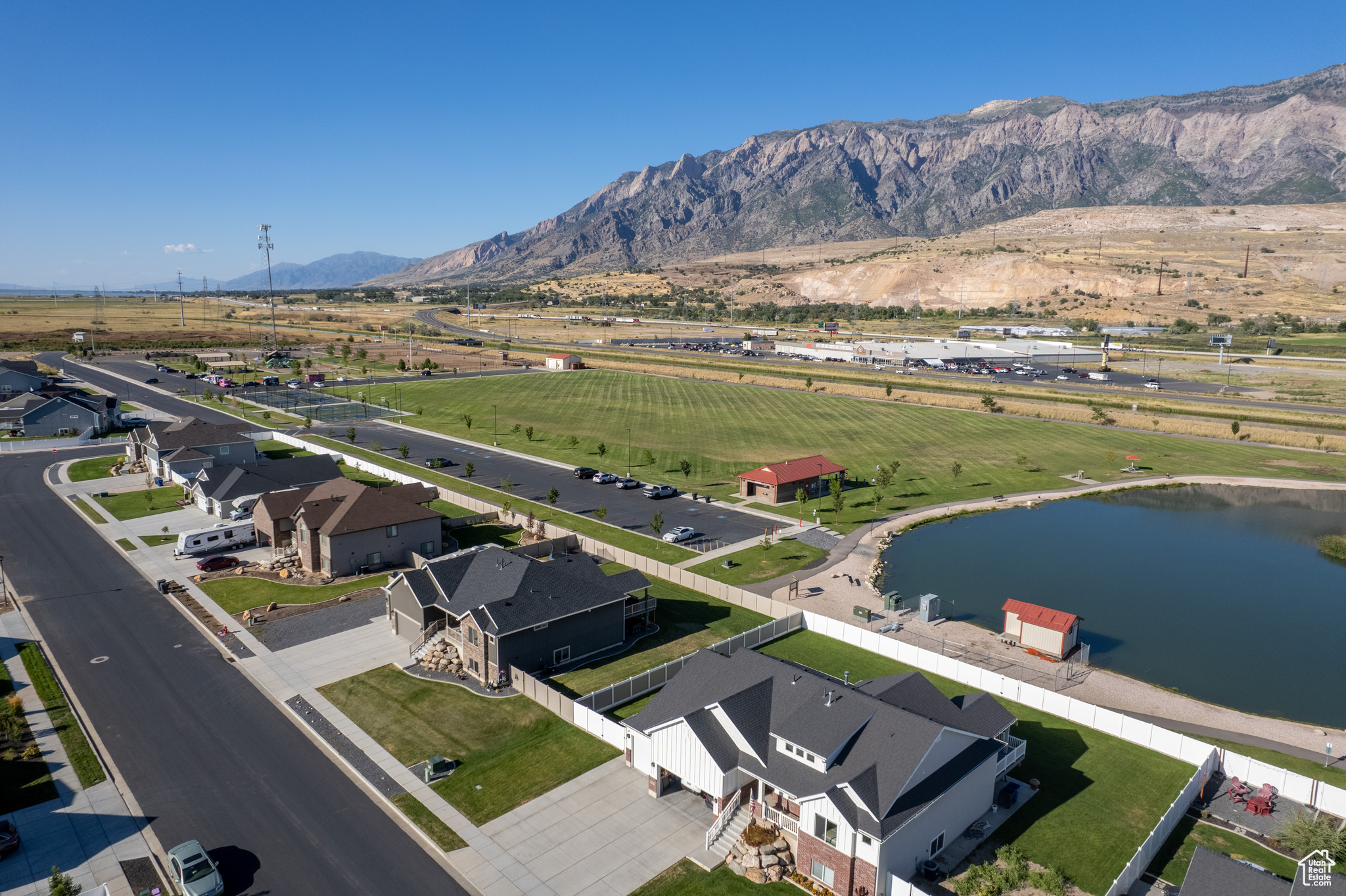 Aerial view with family park and mountain views