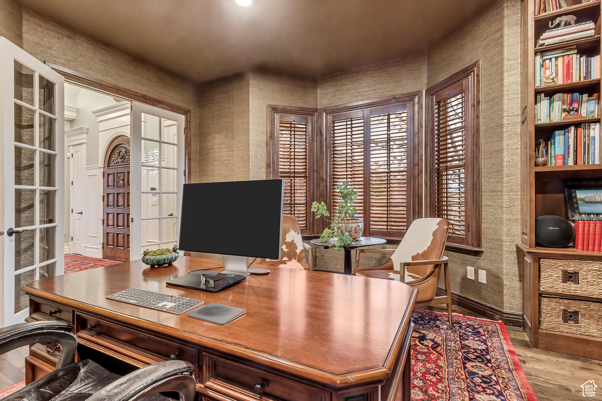 Office area featuring hardwood / wood floors and french doors
