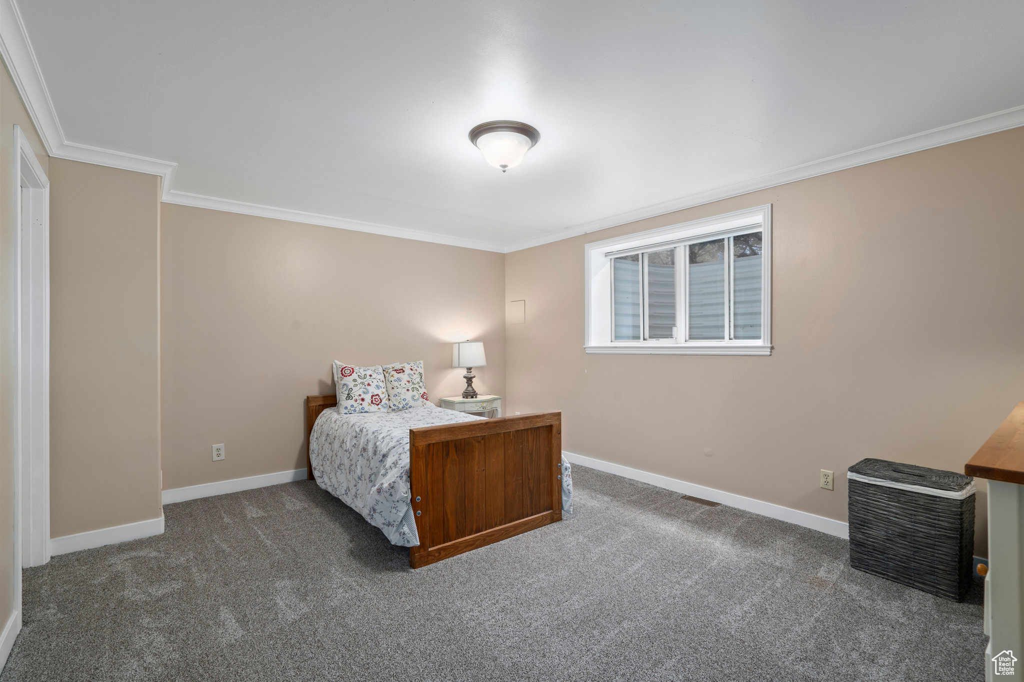 First bedroom with ornamental molding and dark carpet in the basement and two walk-in closets.