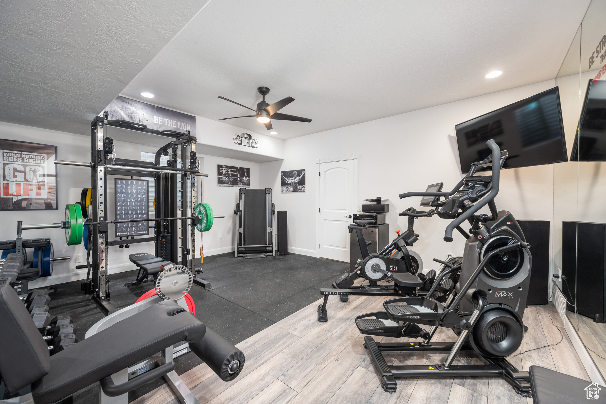 Exercise room featuring light hardwood / wood-style floors and ceiling fan