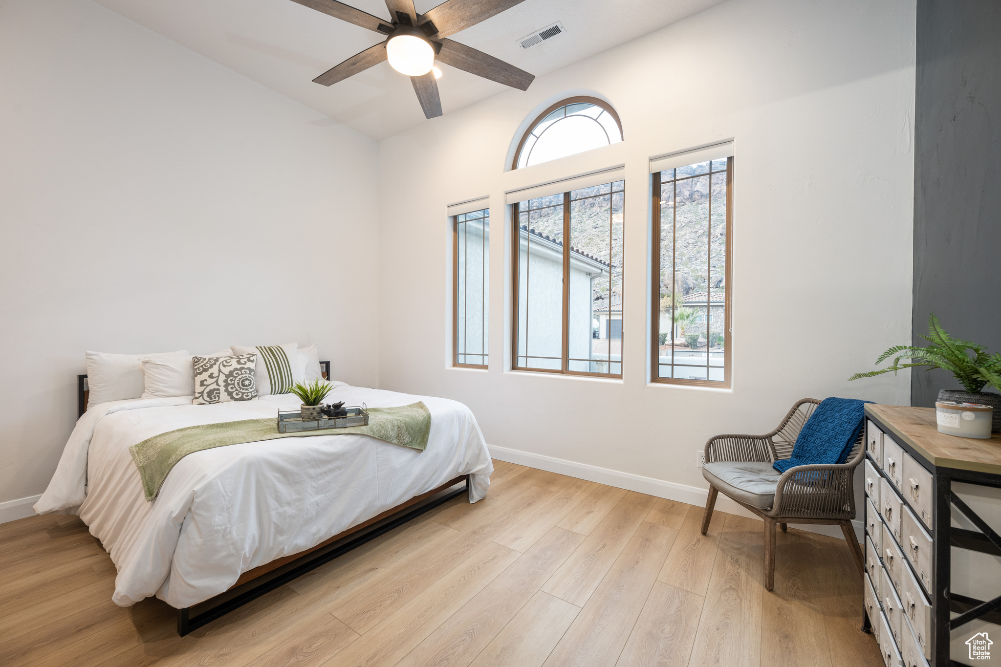 Bedroom featuring light hardwood / wood-style flooring, ceiling fan, and multiple windows