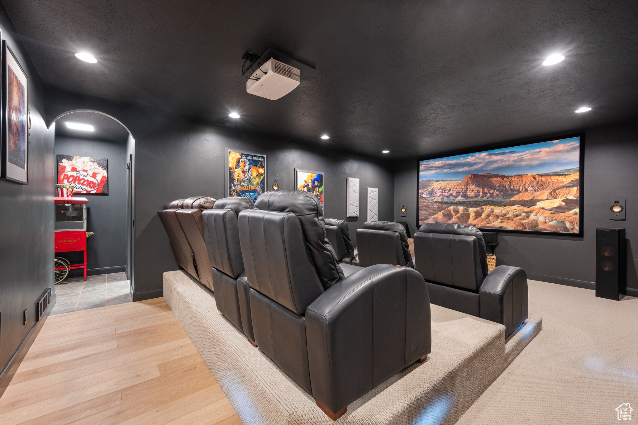 Home theater room featuring light hardwood / wood-style floors