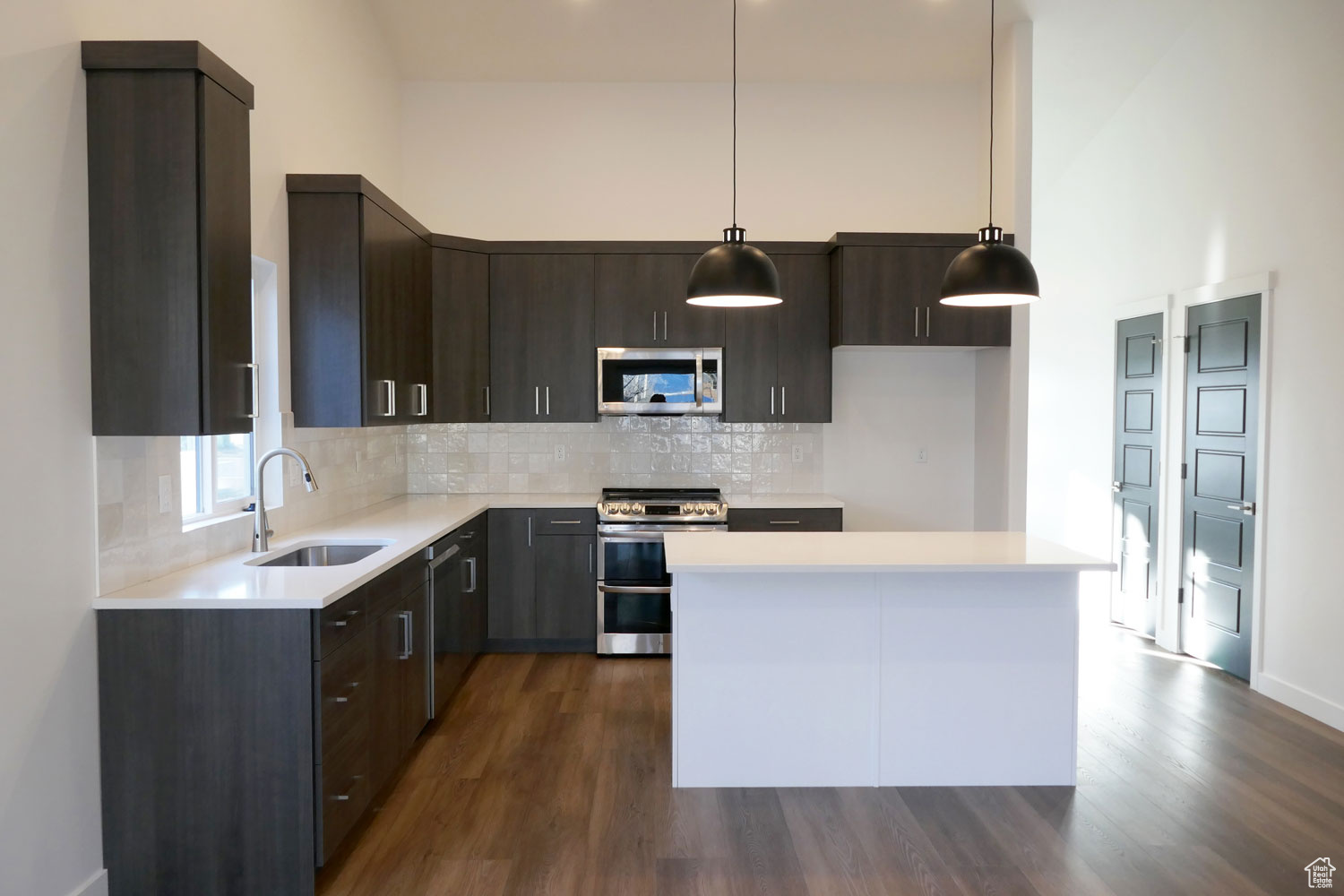 Kitchen featuring dark hardwood / wood-style flooring, stainless steel appliances, tasteful backsplash, hanging light fixtures, and sink