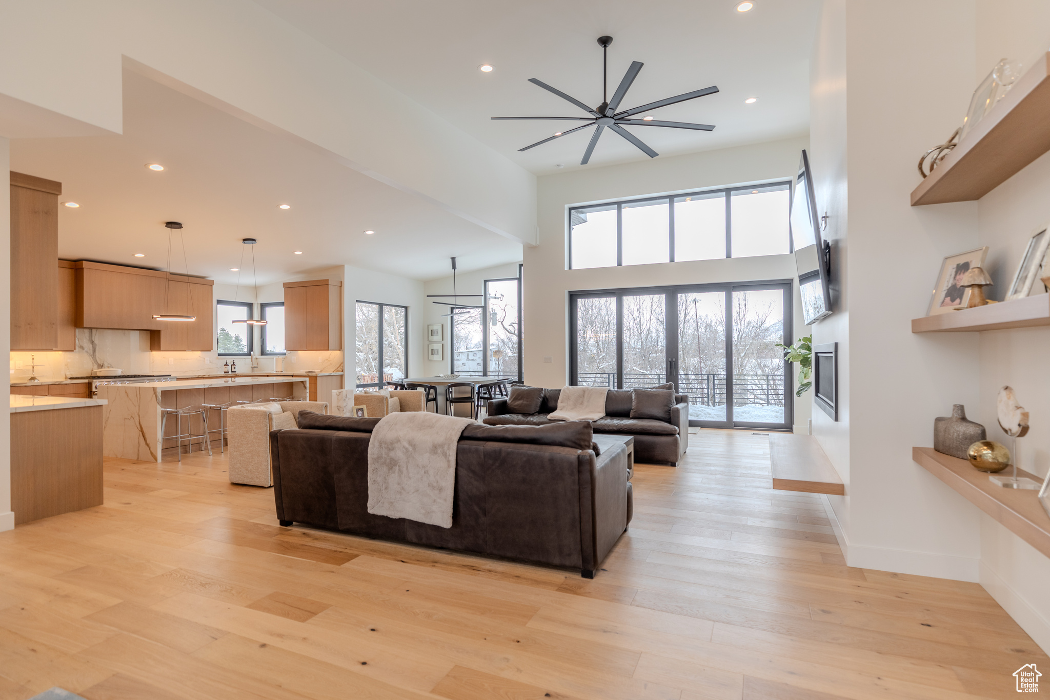 Living room featuring a healthy amount of sunlight, light hardwood / wood-style floors, and ceiling fan