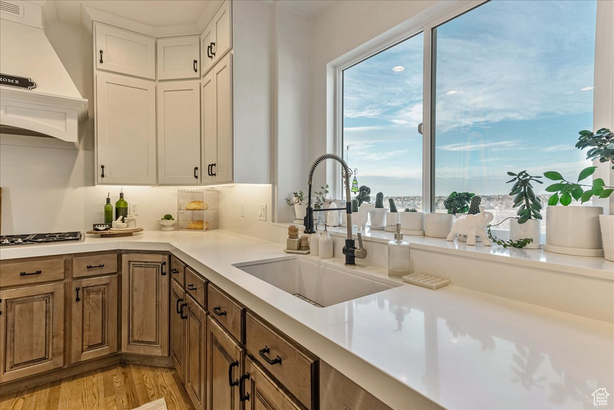 Kitchen with white cabinetry, sink, premium range hood, tasteful backsplash, and light hardwood / wood-style floors