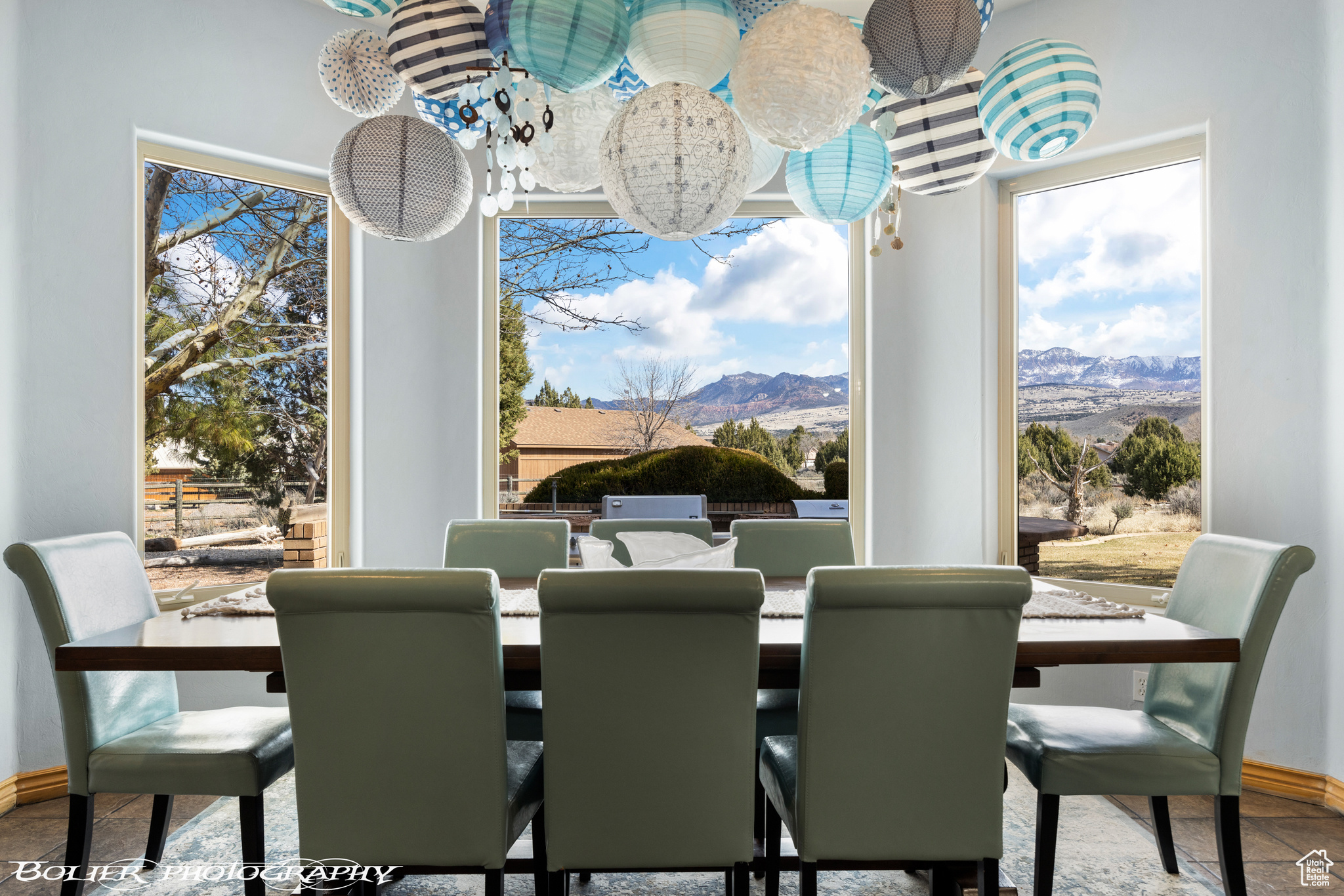 Dining room with a mountain view