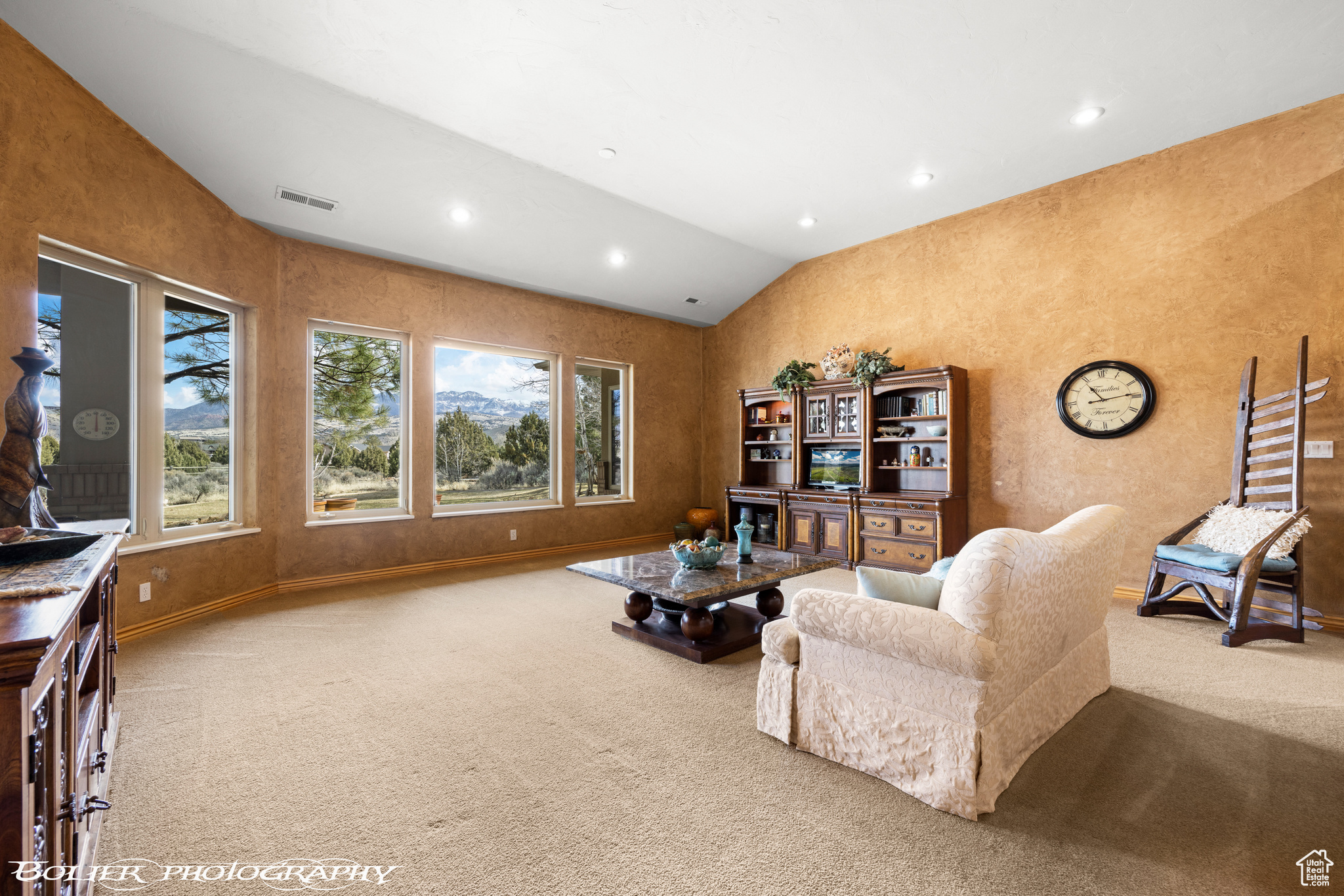 Carpeted living room with vaulted ceiling