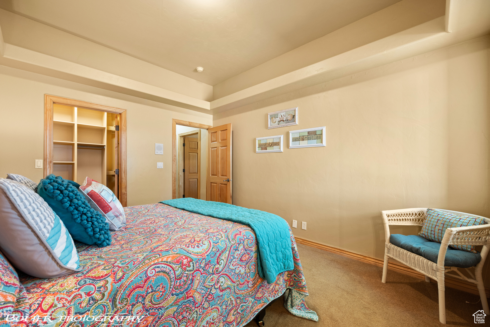 Bedroom featuring light colored carpet, a tray ceiling, a closet, and a walk in closet