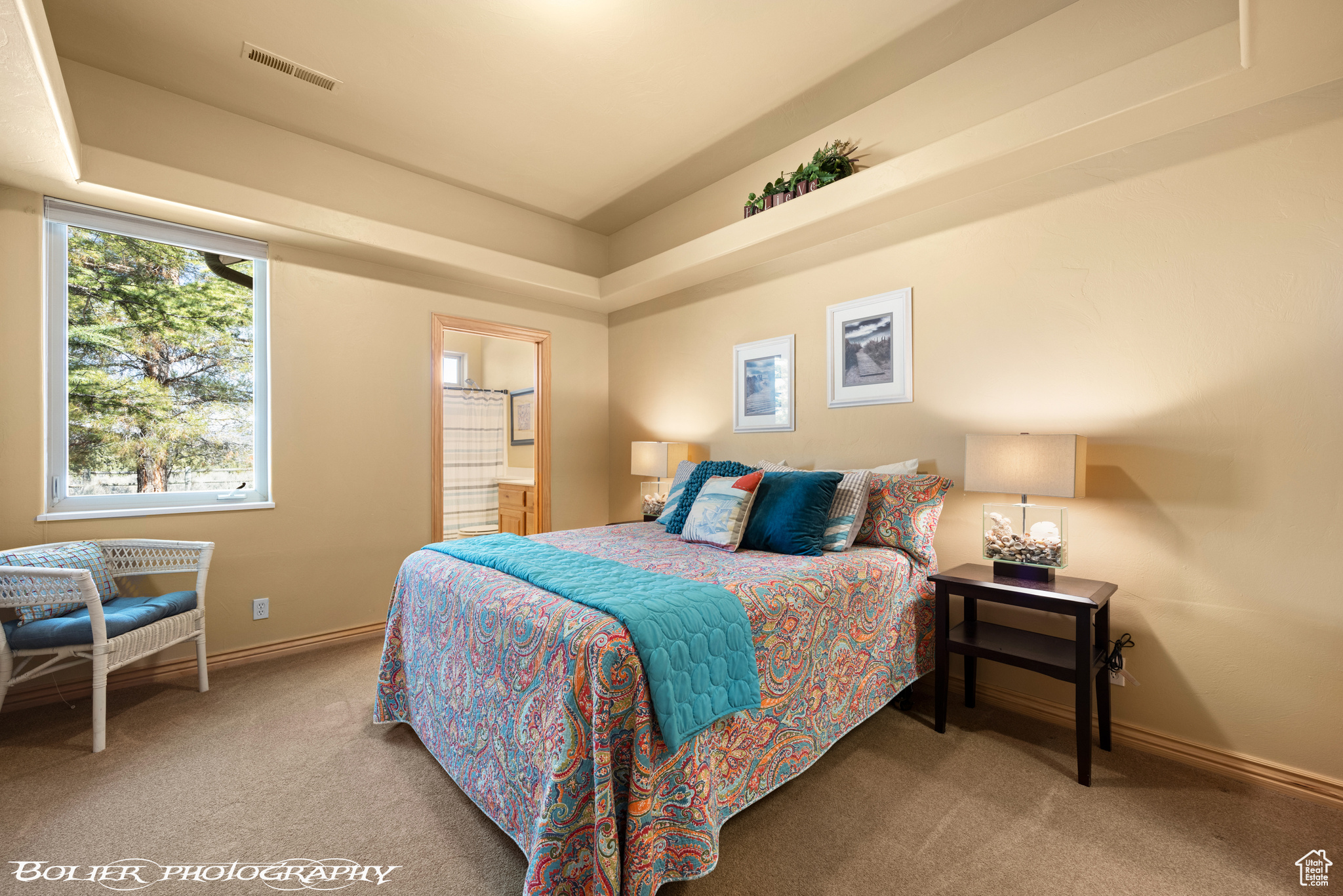 Carpeted bedroom featuring a tray ceiling