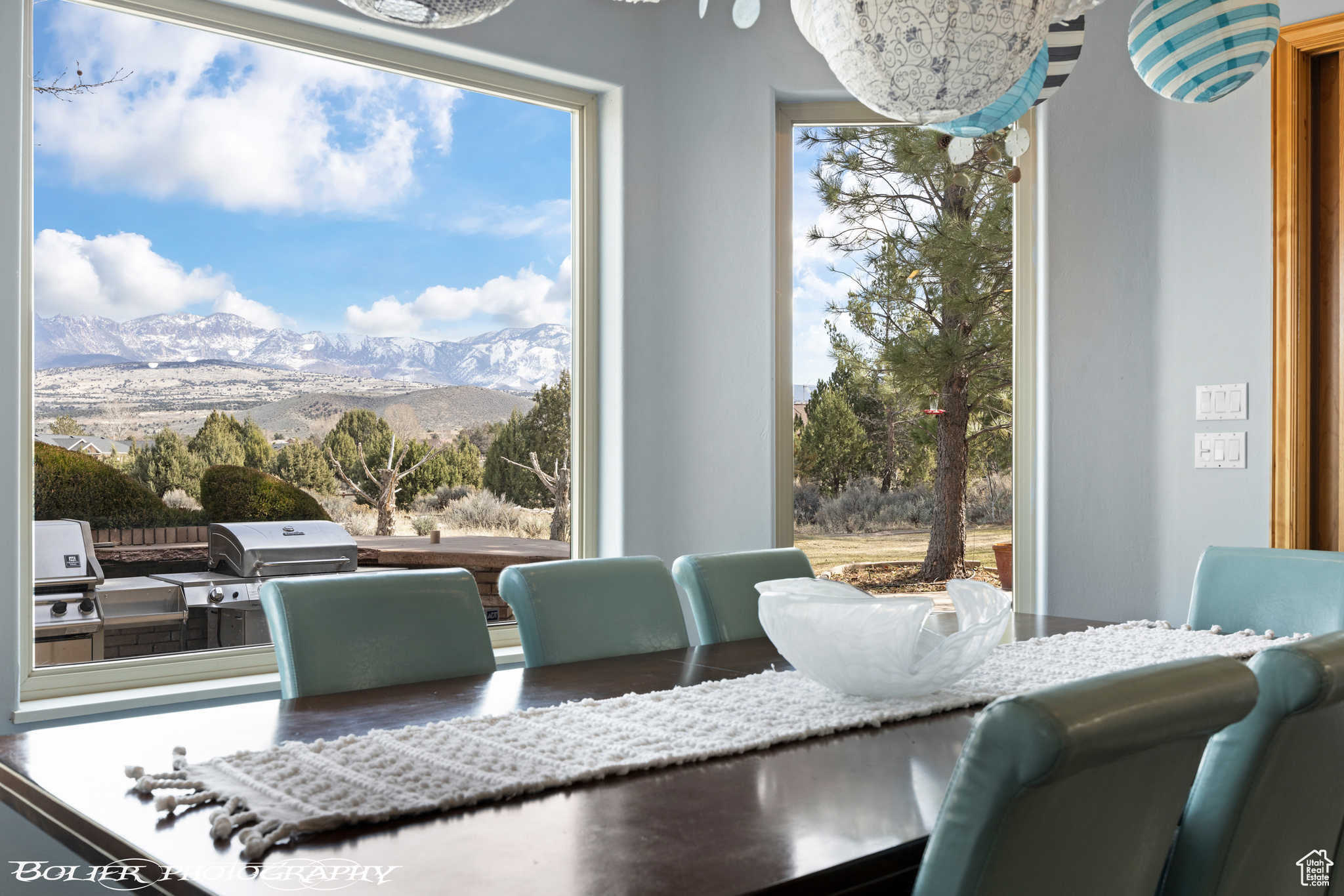 Dining room with a mountain view