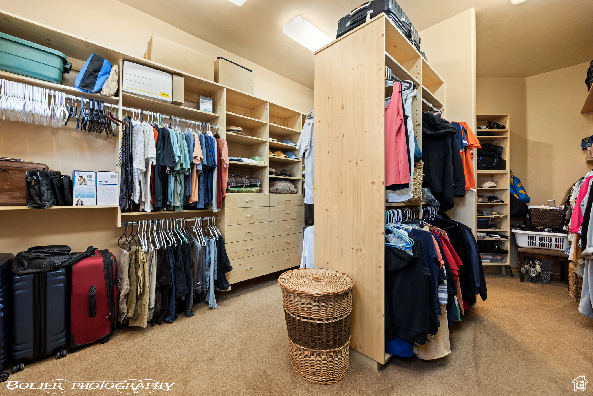 Walk in closet featuring light carpet