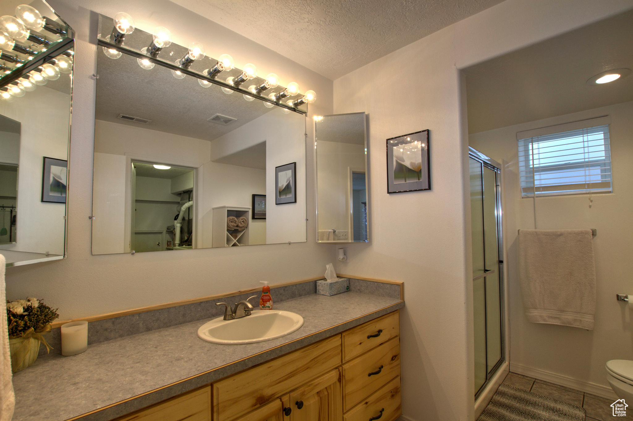 Bathroom featuring vanity, toilet, a textured ceiling, and a shower with shower door