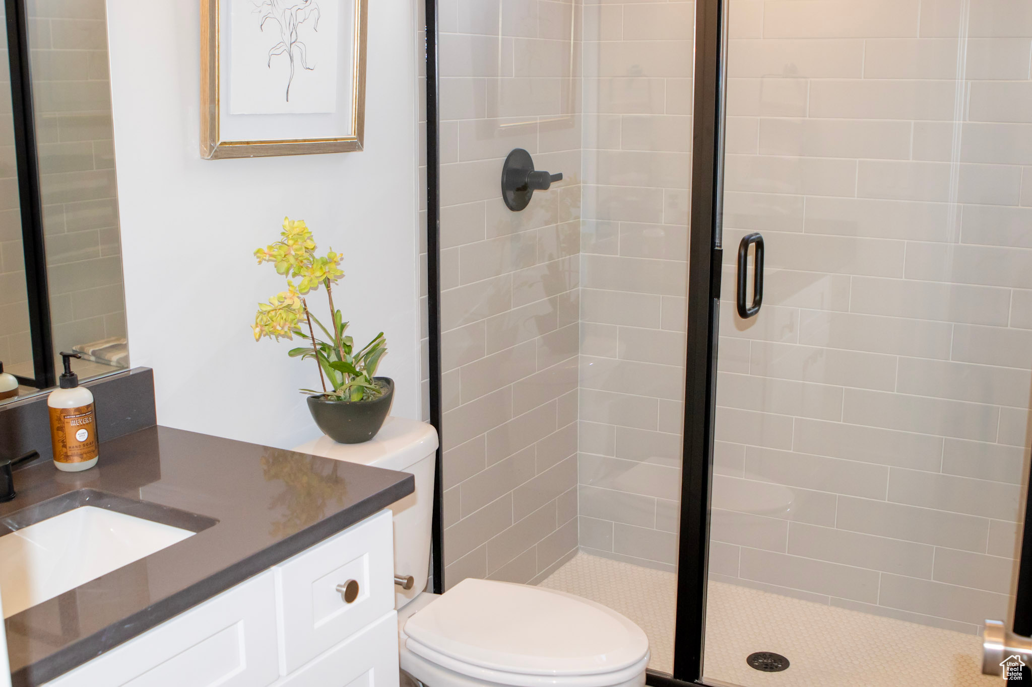 Bathroom with a shower with door, toilet, and vanity