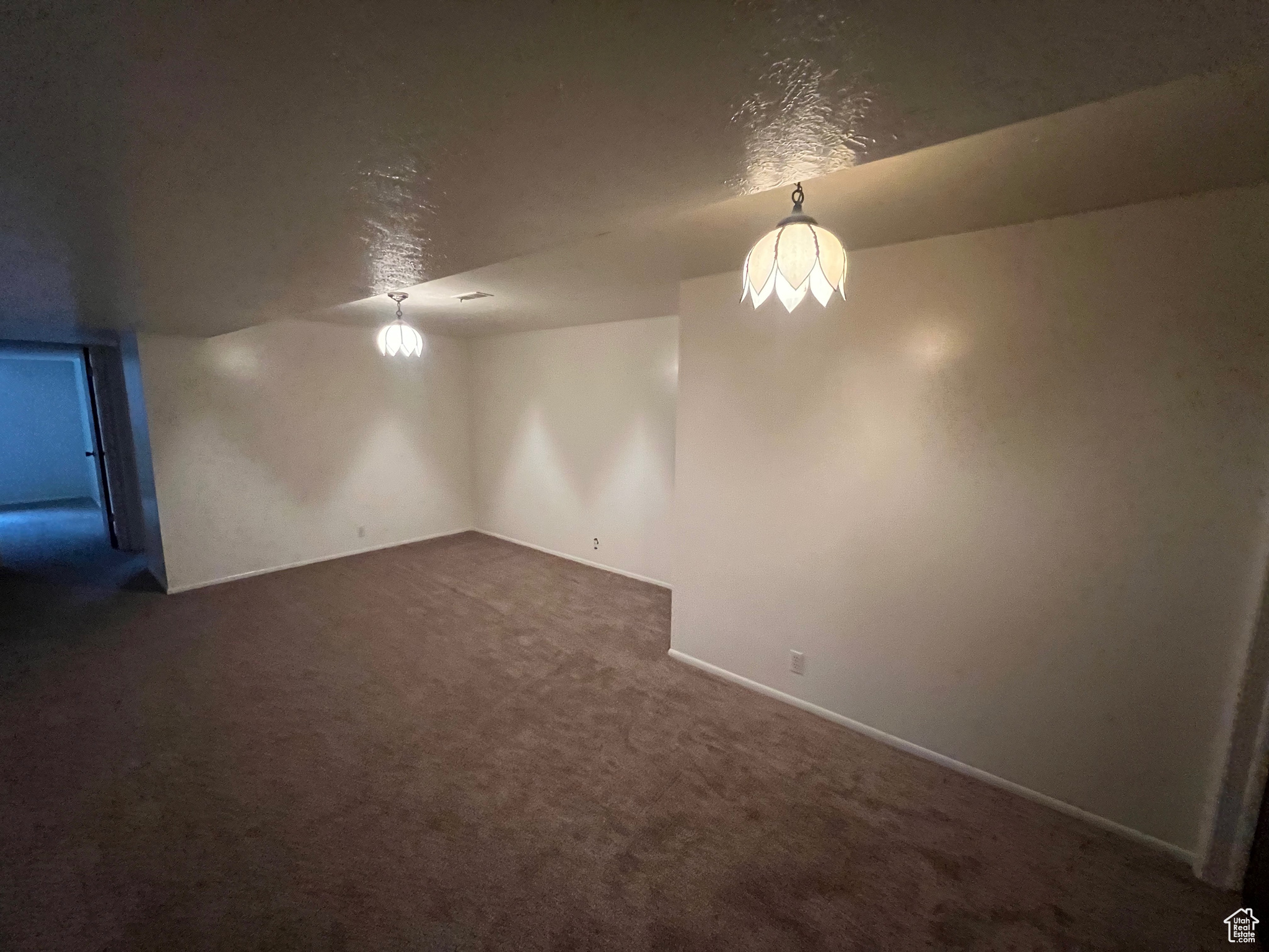 Empty room with dark colored carpet