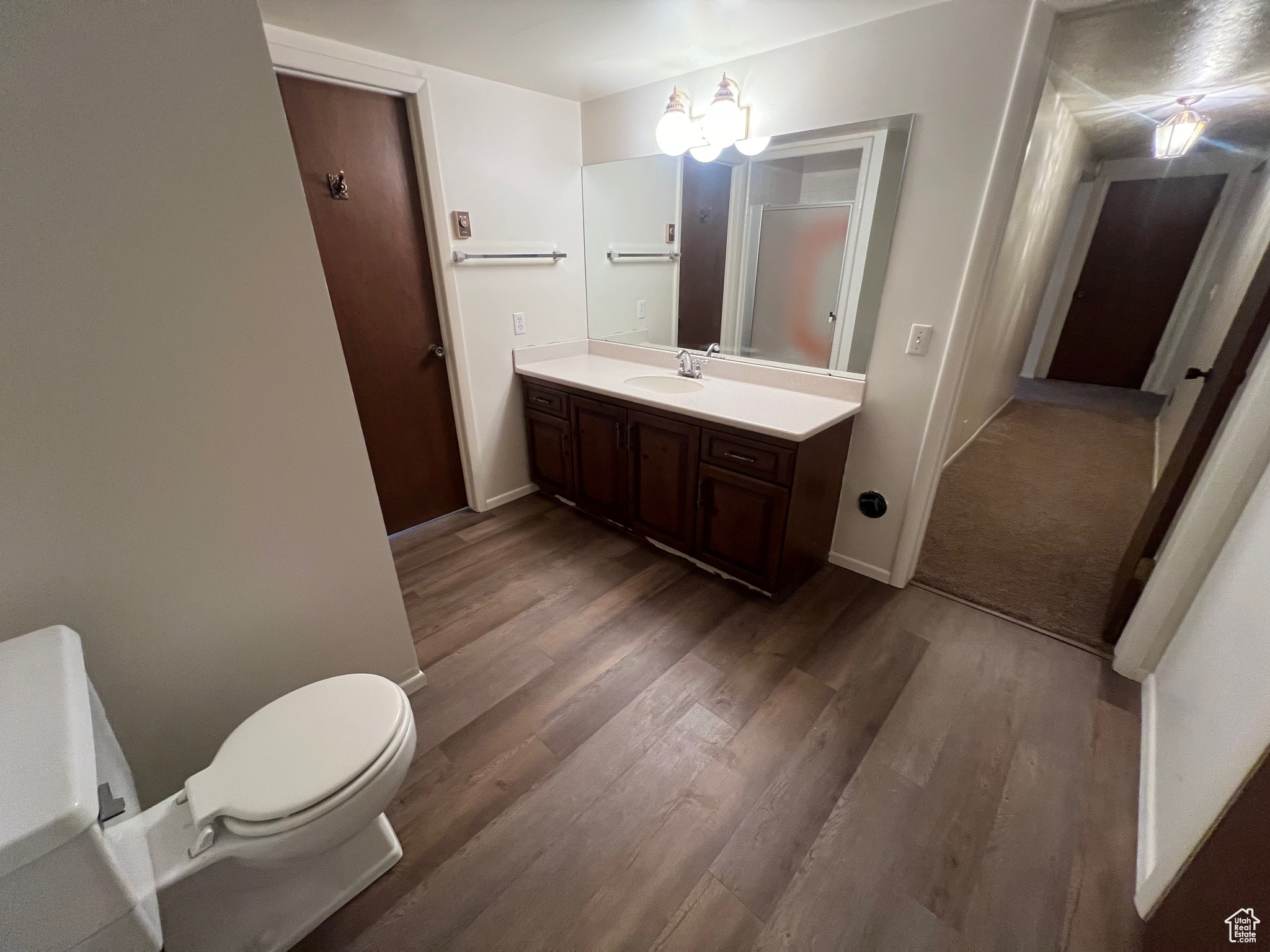 Bathroom featuring toilet, vanity, a chandelier, and hardwood / wood-style flooring