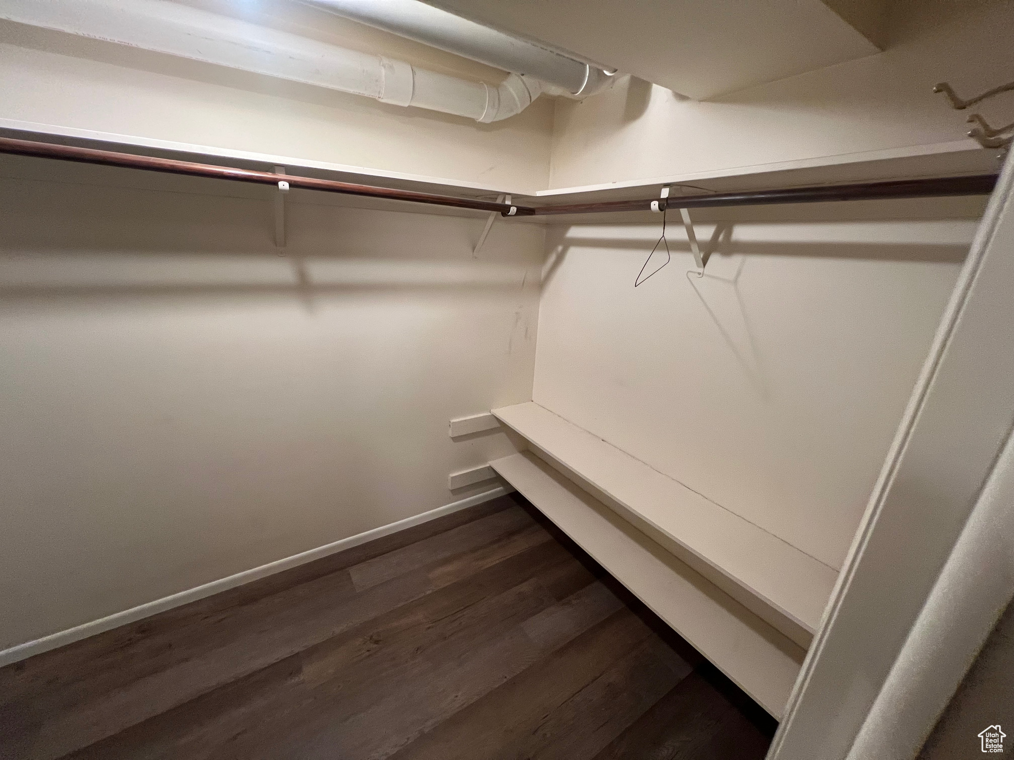 Walk in closet with dark hardwood / wood-style flooring