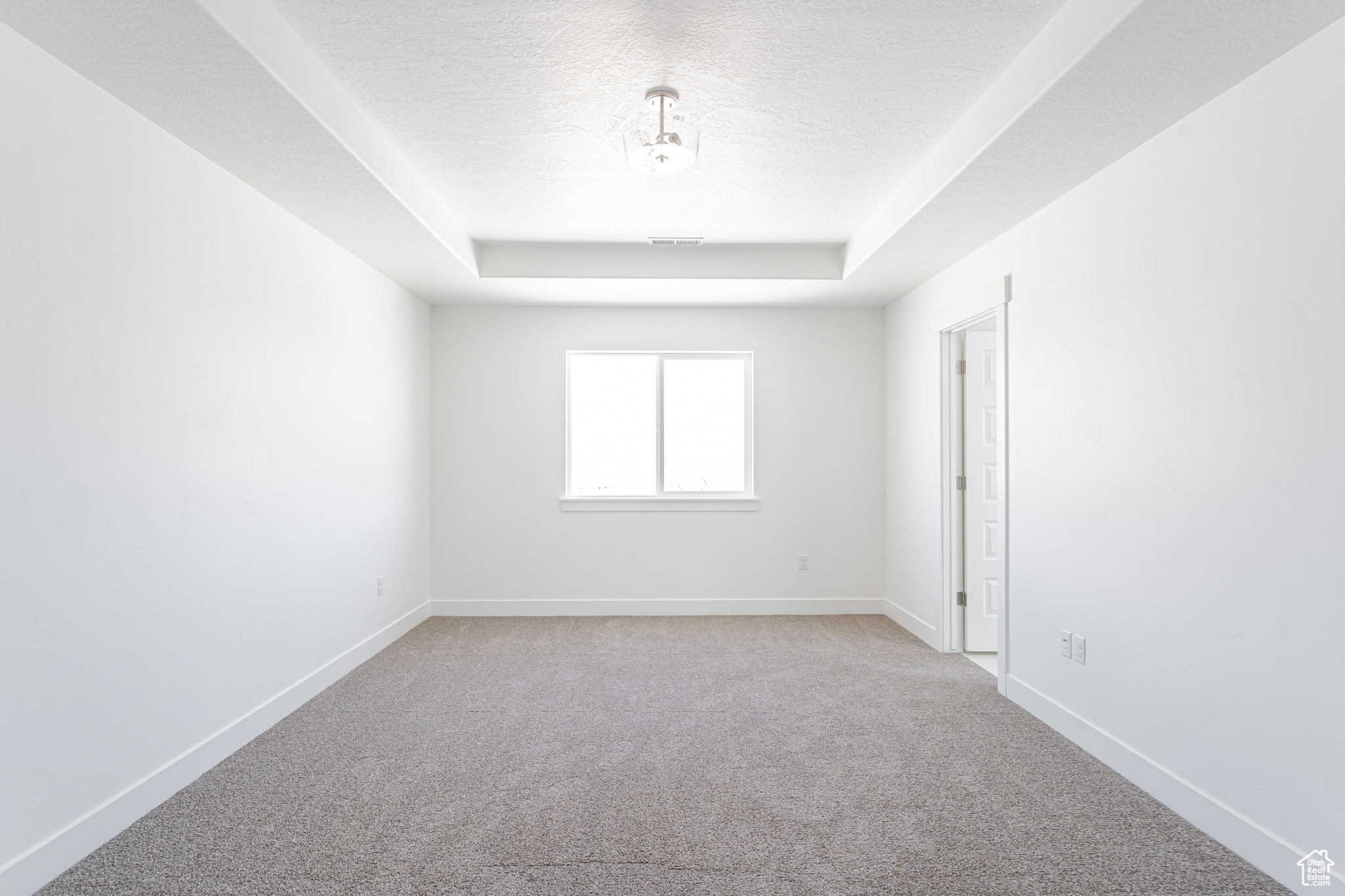 Carpeted spare room with a raised ceiling and a textured ceiling