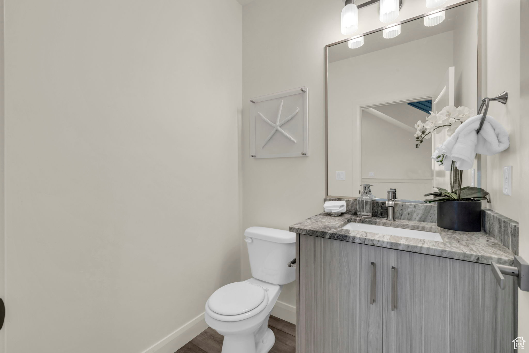 Bathroom with oversized vanity, hardwood / wood-style flooring, and toilet