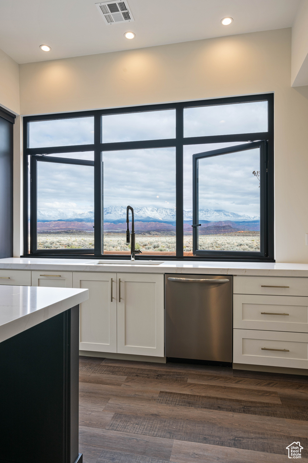 Kitchen with white cabinets, dishwasher, a healthy amount of sunlight, and dark wood-type flooring