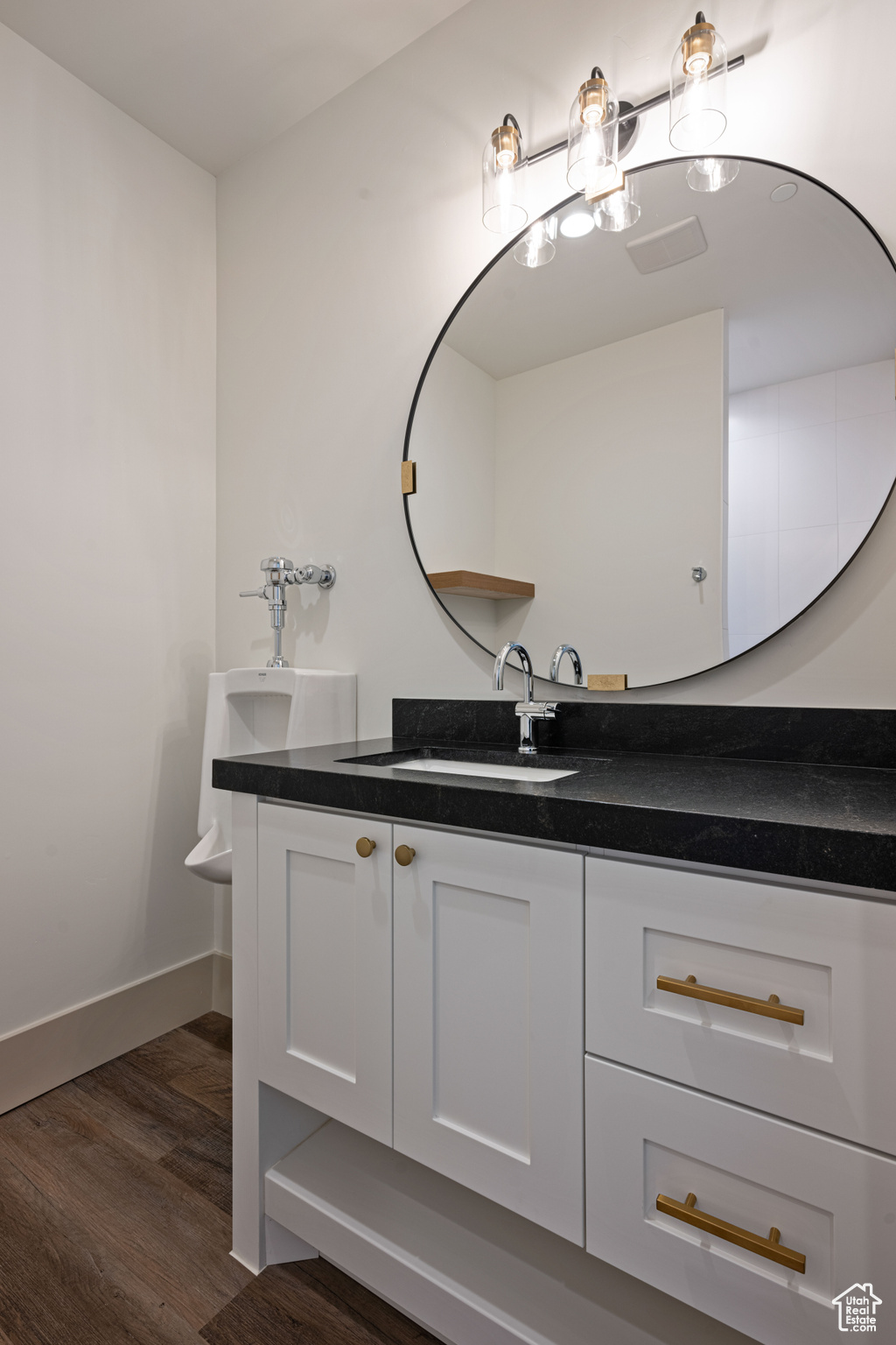 Bathroom with hardwood / wood-style flooring and vanity