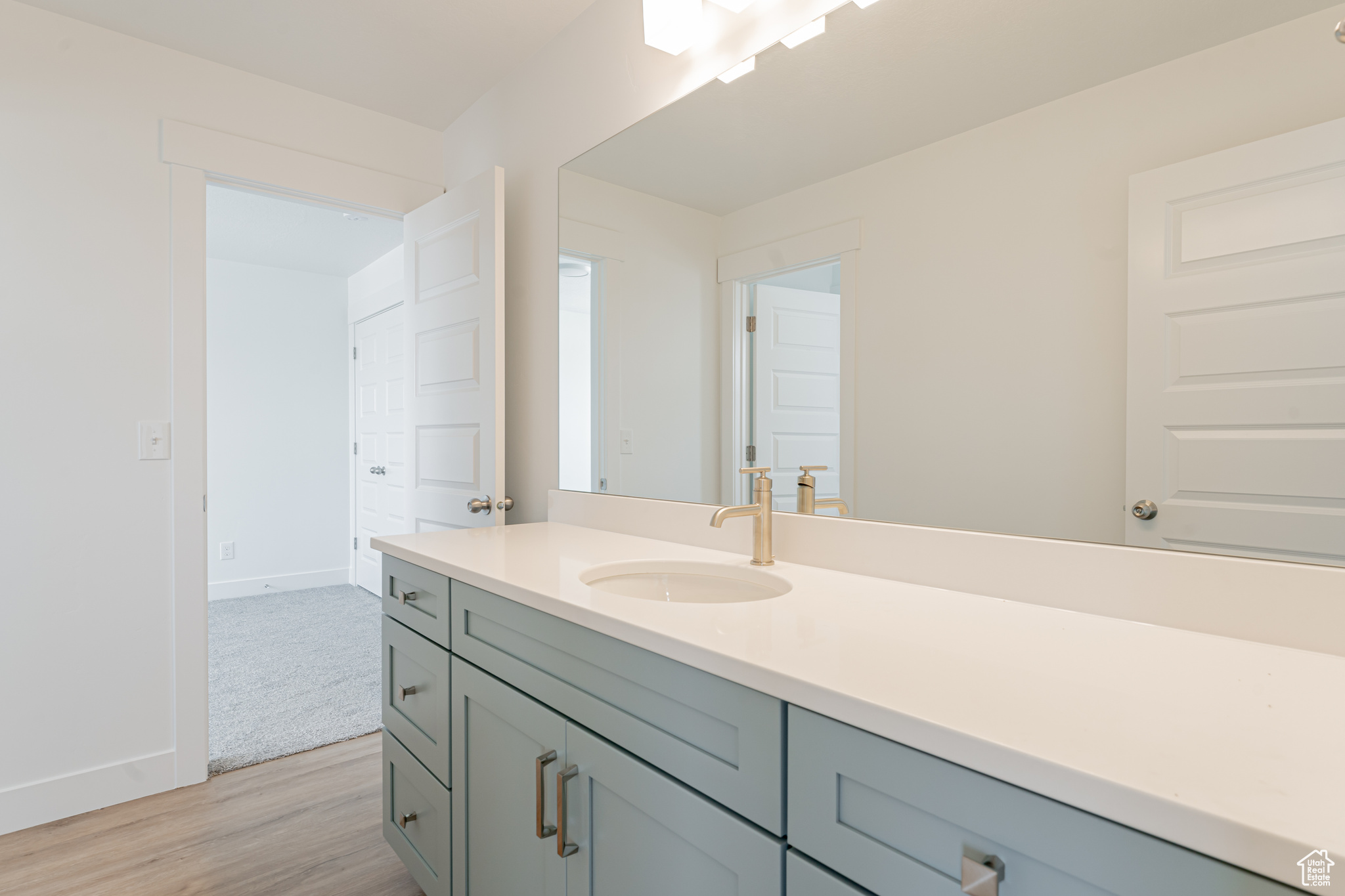 Bathroom featuring hardwood / wood-style flooring and vanity